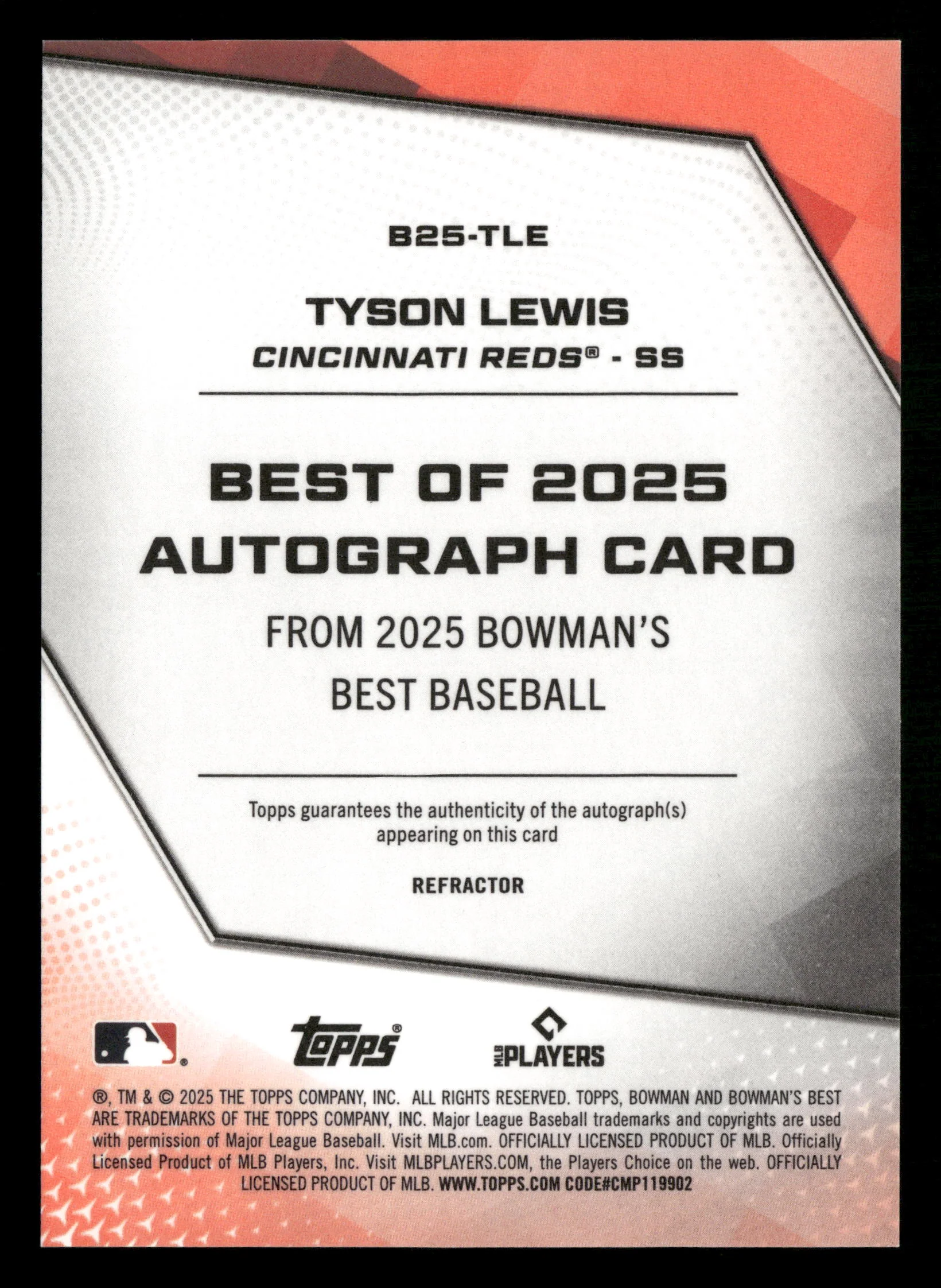 2025 Bowman's Best #B25-TLE Tyson Lewis Best of 2025 Autographs Refractors - Image 2