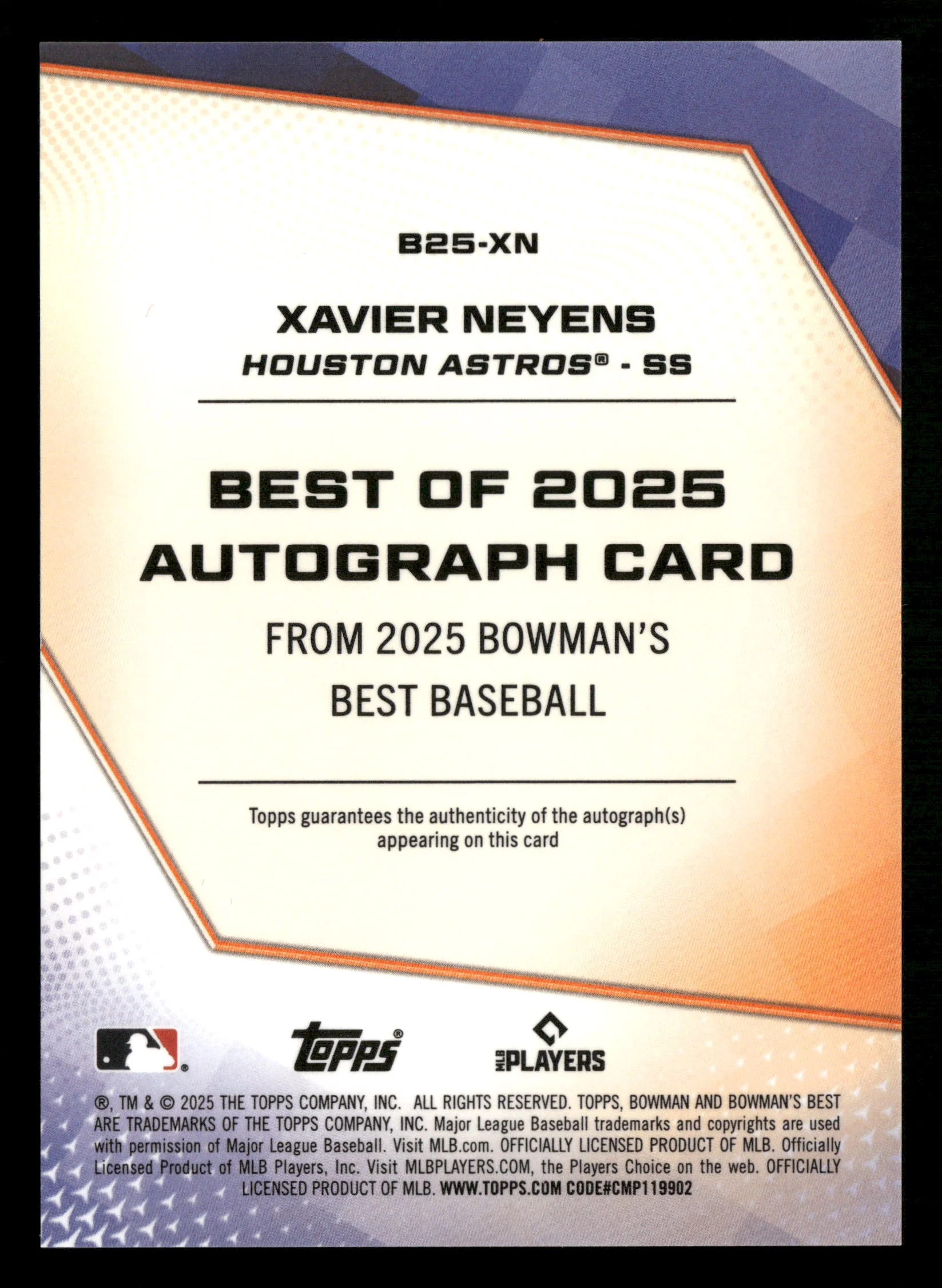 2025 Bowman's Best #B25-XN Xavier Neyens Best of 2025 Autographs - Image 2