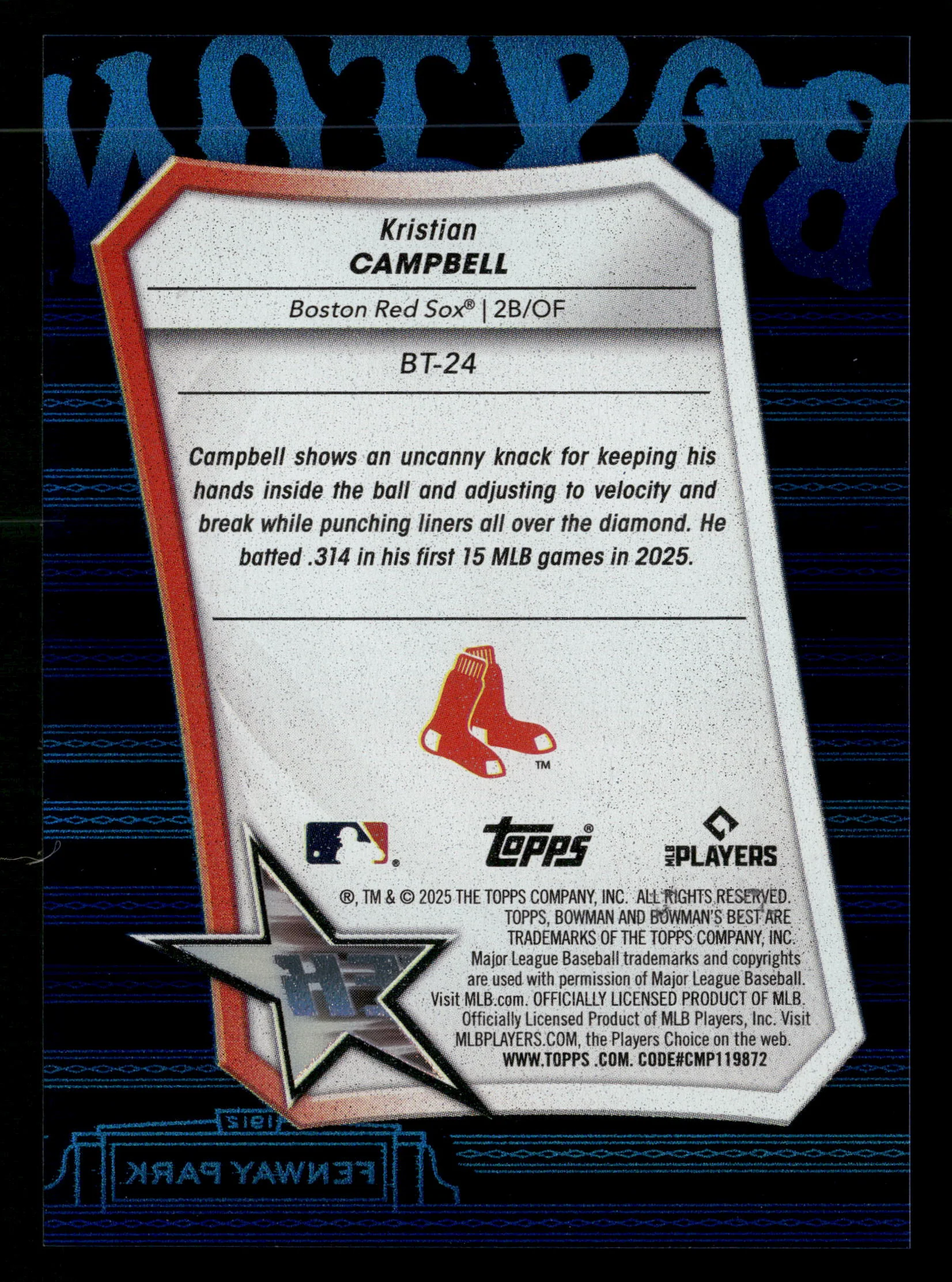 2025 Bowman's Best #BT-24 Kristian Campbell Best Tek Blue #/75 - Image 2