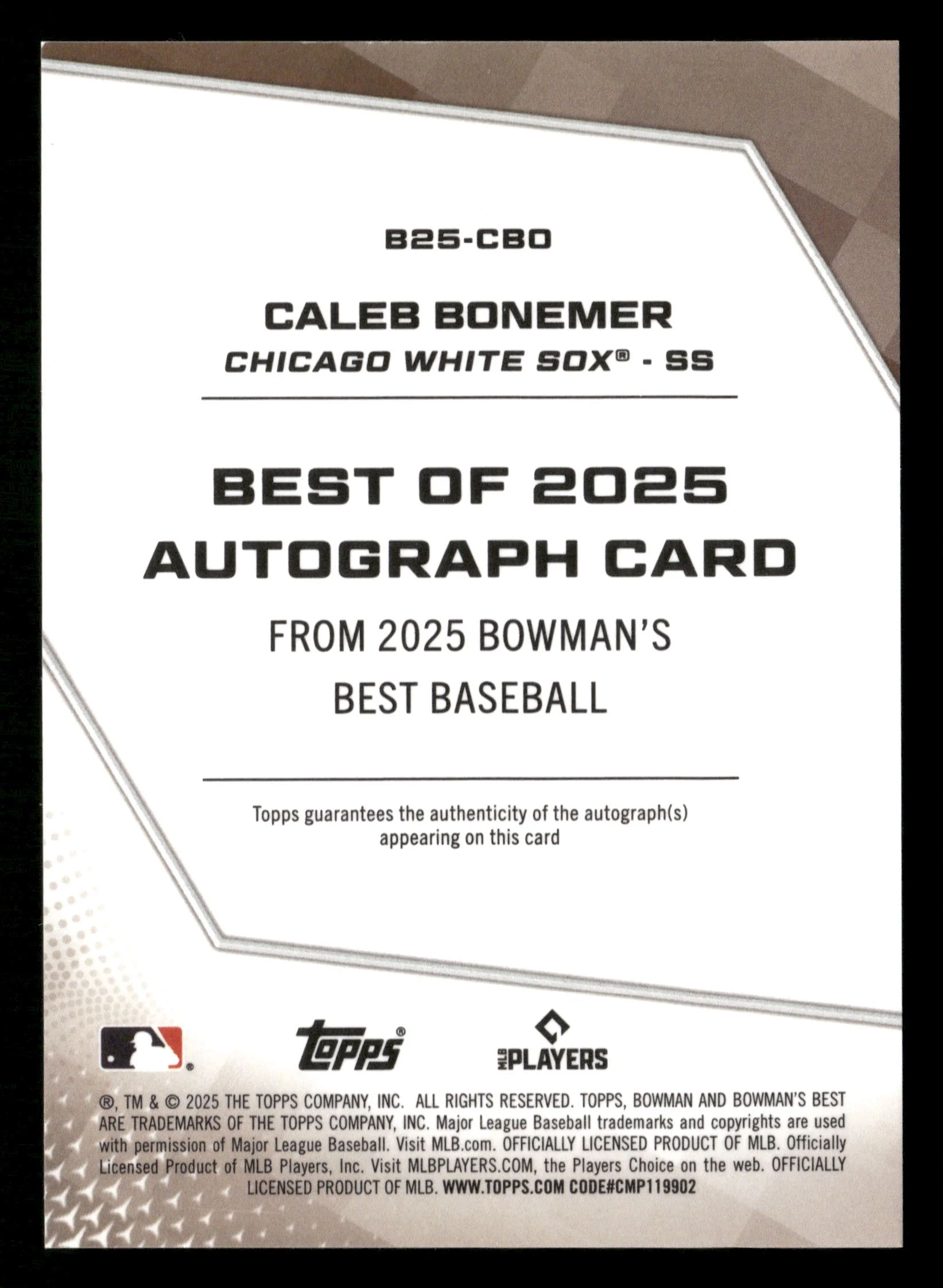 2025 Bowman's Best Caleb Bonemer Auto Green Refractor #/99 White Sox - Image 2