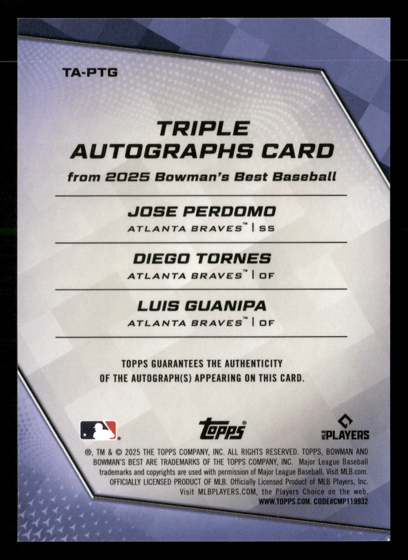 2025 Bowman's Best Luis Guanipa / Jose Perdomo / Diego Tornes Triple Auto #/75 - Image 2