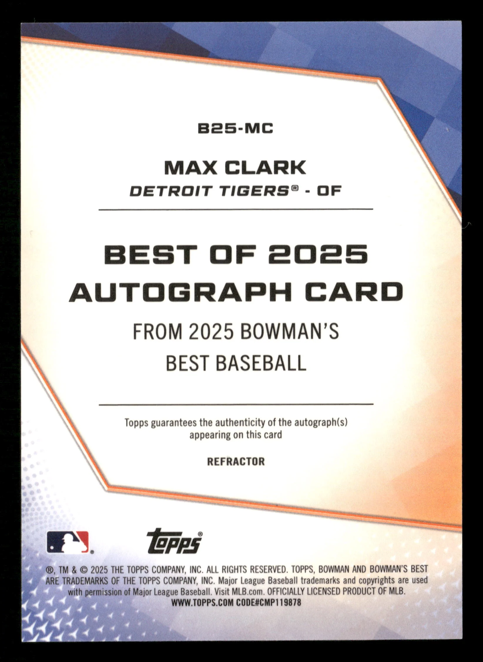 2025 Bowman's Best Max Clark Auto Refractor #B25-MC Detroit Tiger - Image 2