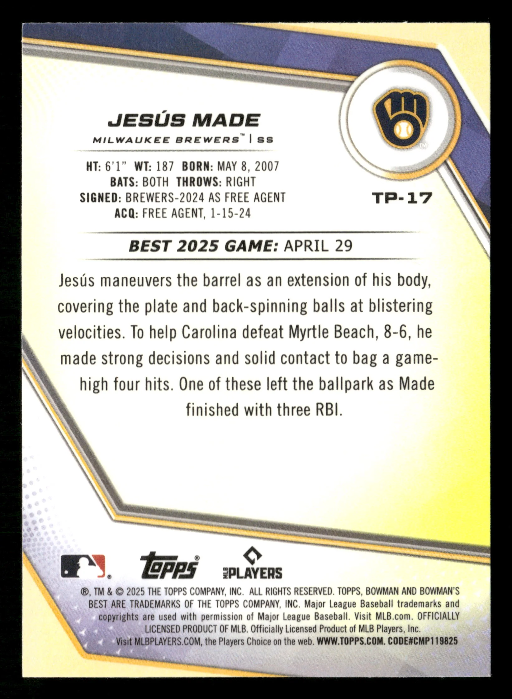 2025 Bowman's Best Top Prospects TP-17 Jesus Made Aqua Refractor /199 Brewers - Image 2