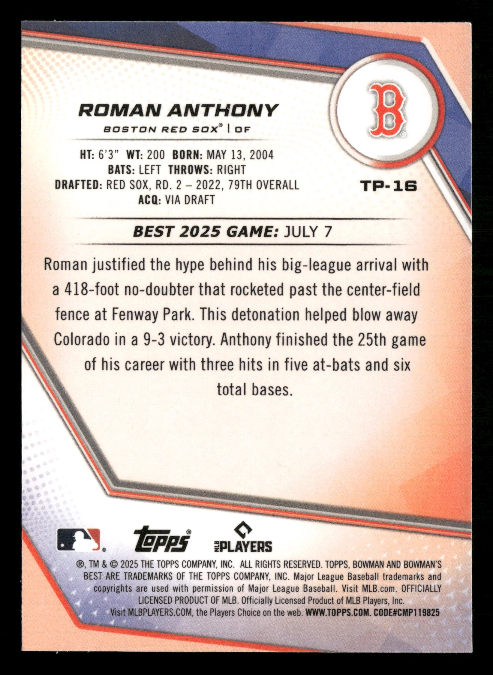 2025 Bowman's Best #TP-16 Roman Anthony Mini-Diamond Refractors #/299 - Image 2