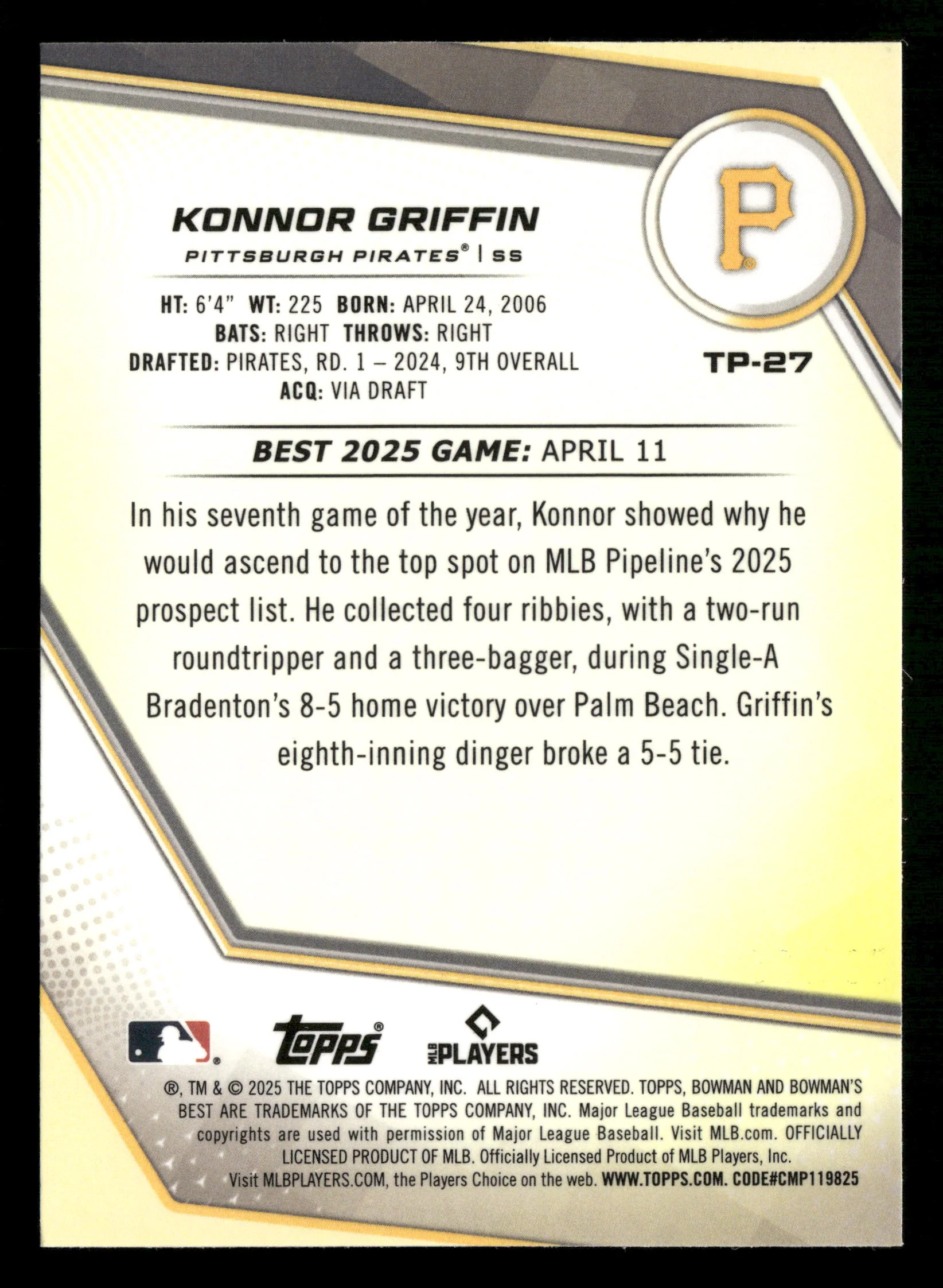 2025 Bowman's Best #TP-27 Konnor Griffin Purple Lazer Refractors #/250 - Image 2