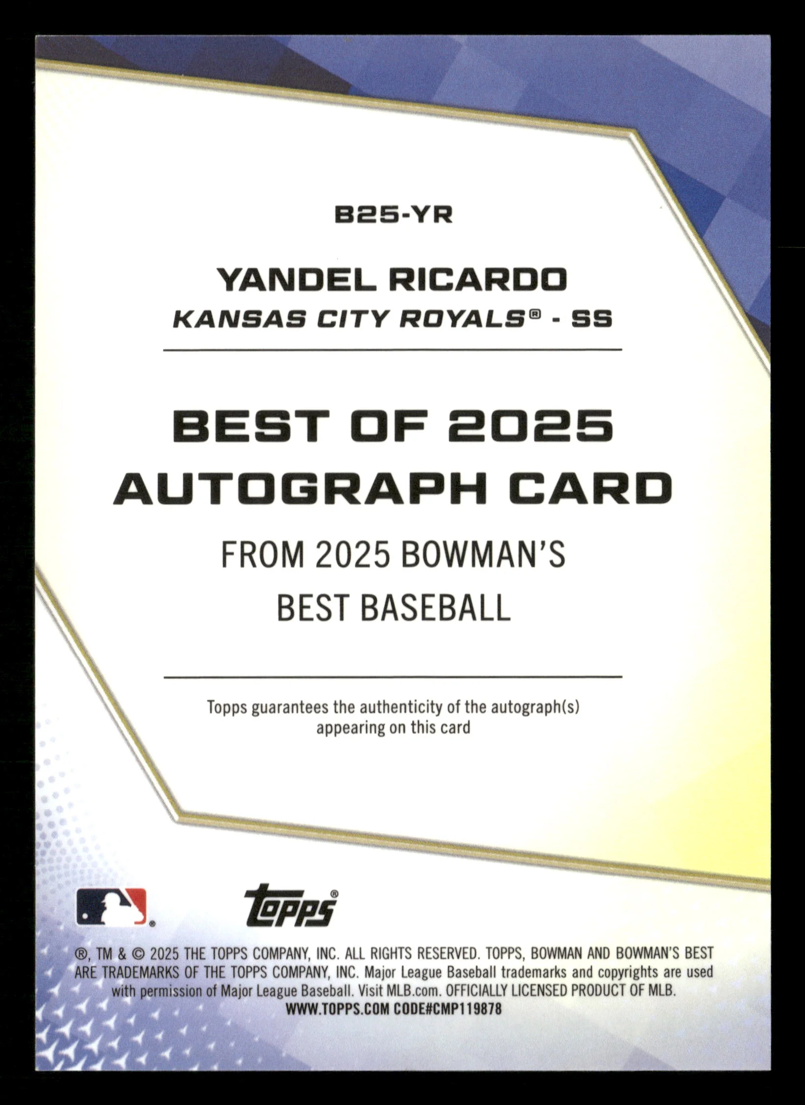 2025 Bowman's Best Yandel Ricardo Best of 2025 Auto Orange X-Fractor #/25 - Image 2