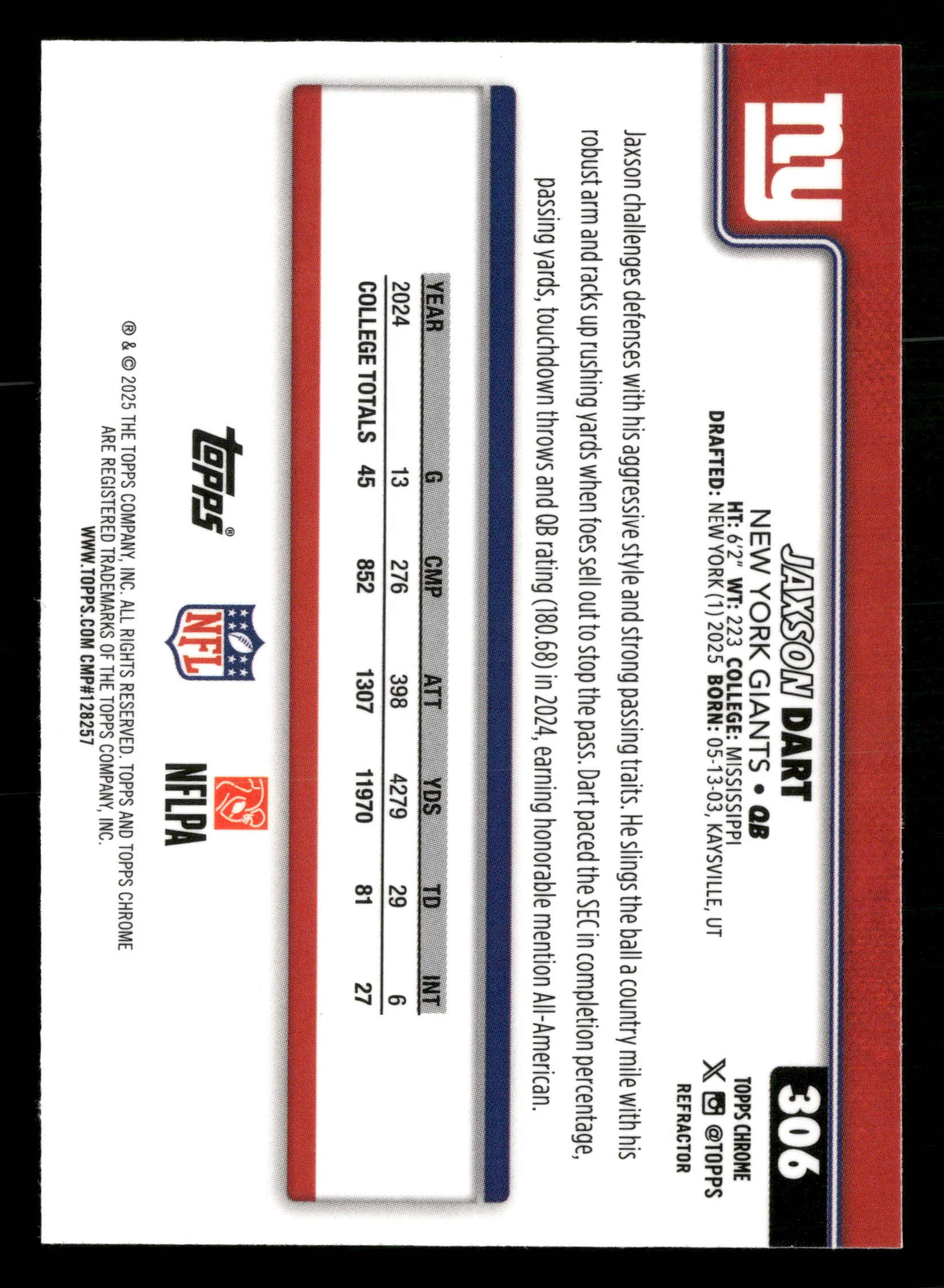 2025 Chrome #306 Jaxson Dart Refractor - Image 2