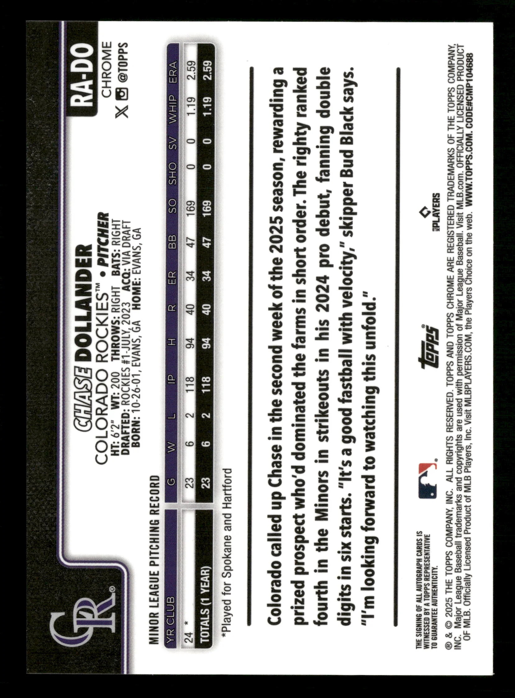 2025 Chrome Update #RA-DO Chase Dollander Auto Purple Refractor #/250 - Image 2