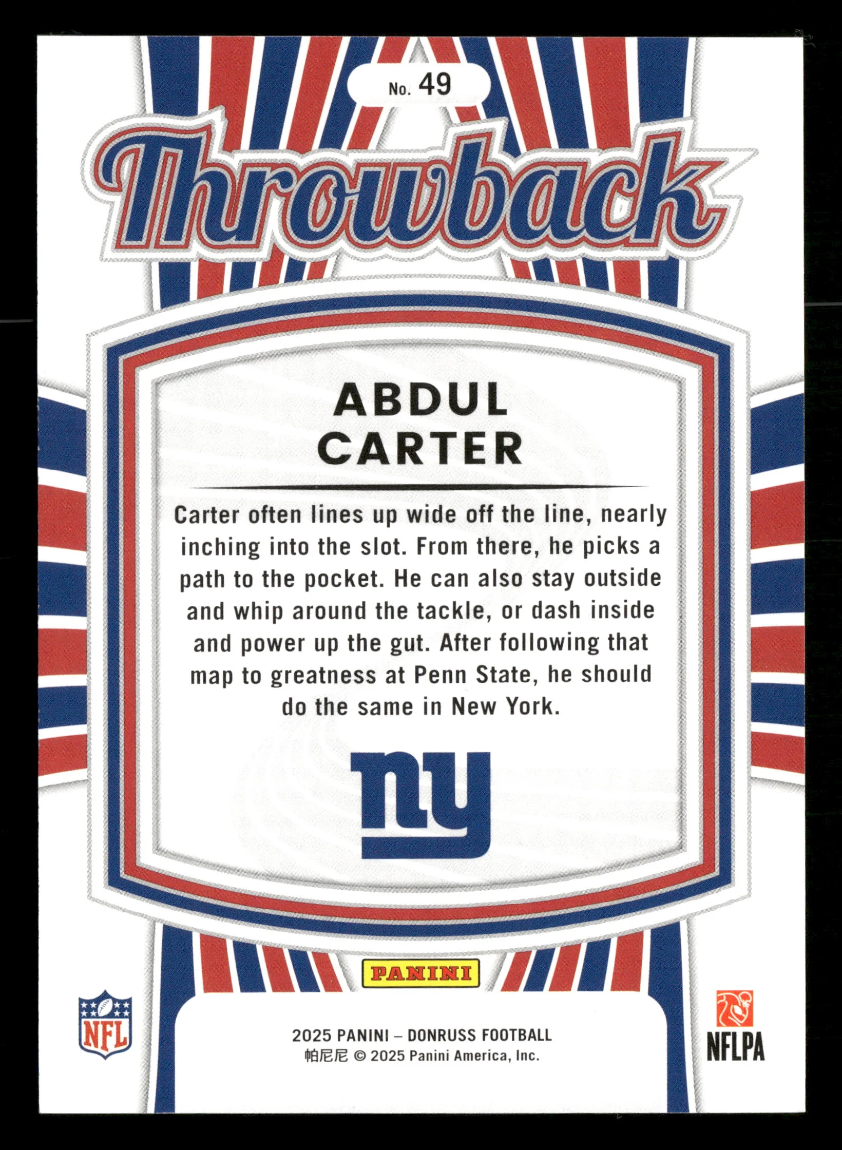 2025 Donruss #49 Abdul Carter Throwback Studio Series Rated Rookie #/100 - Image 2