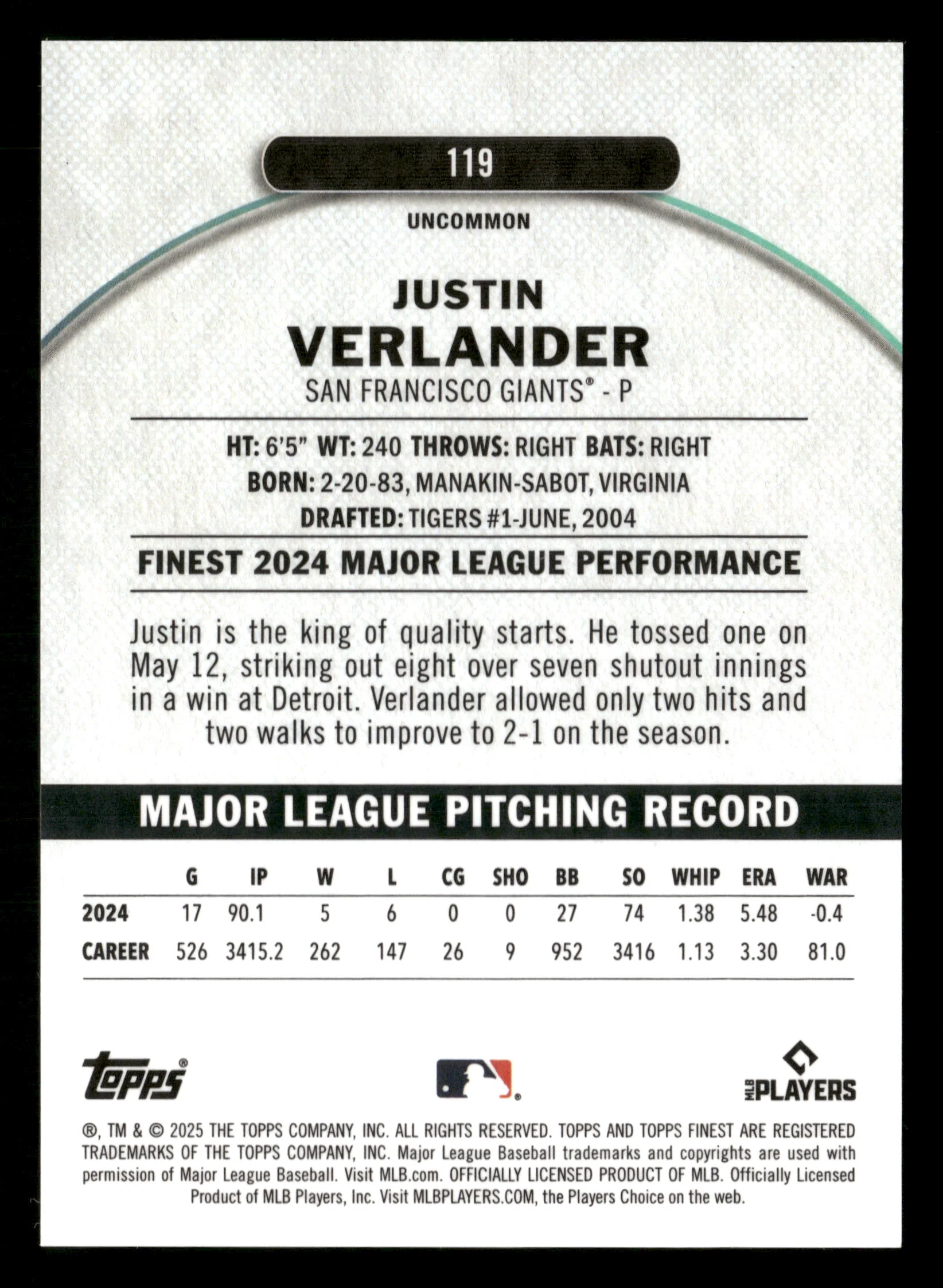 2025 Finest #119 Justin Verlander Red Refractors #/5 - Image 2