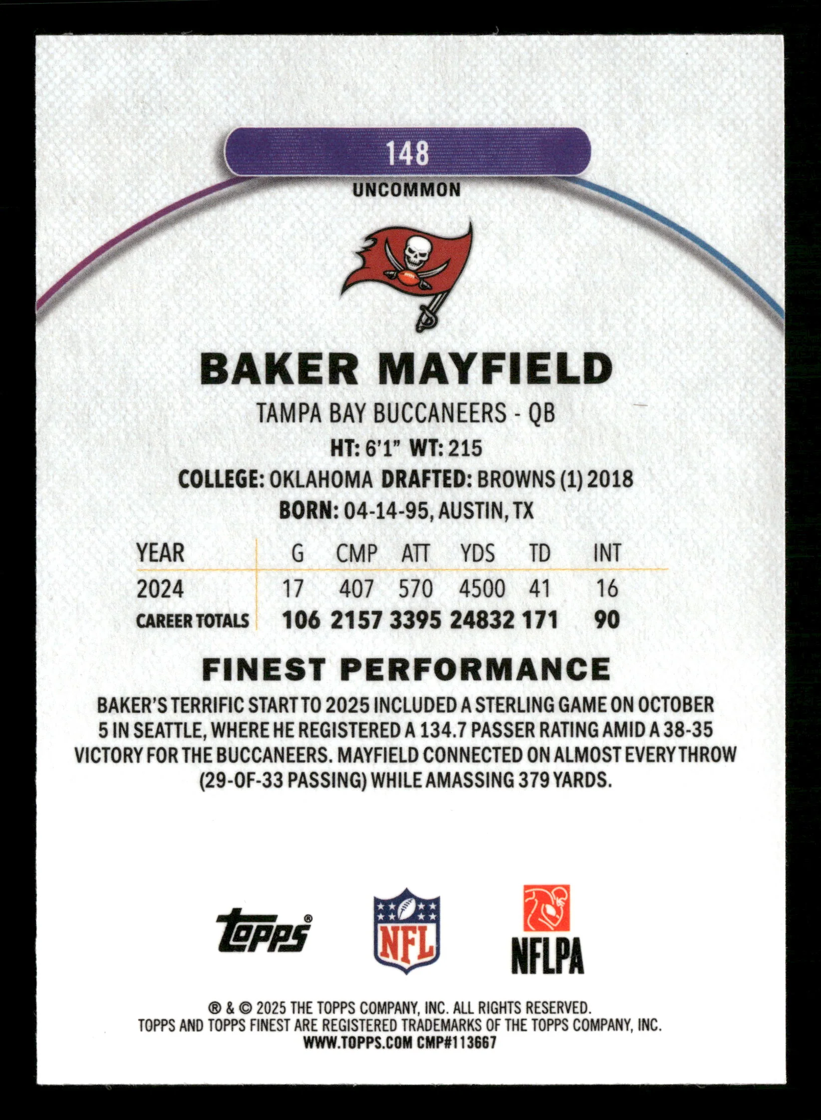 2025 Finest #148 Baker Mayfield Purple Refractor #/200 - Image 2