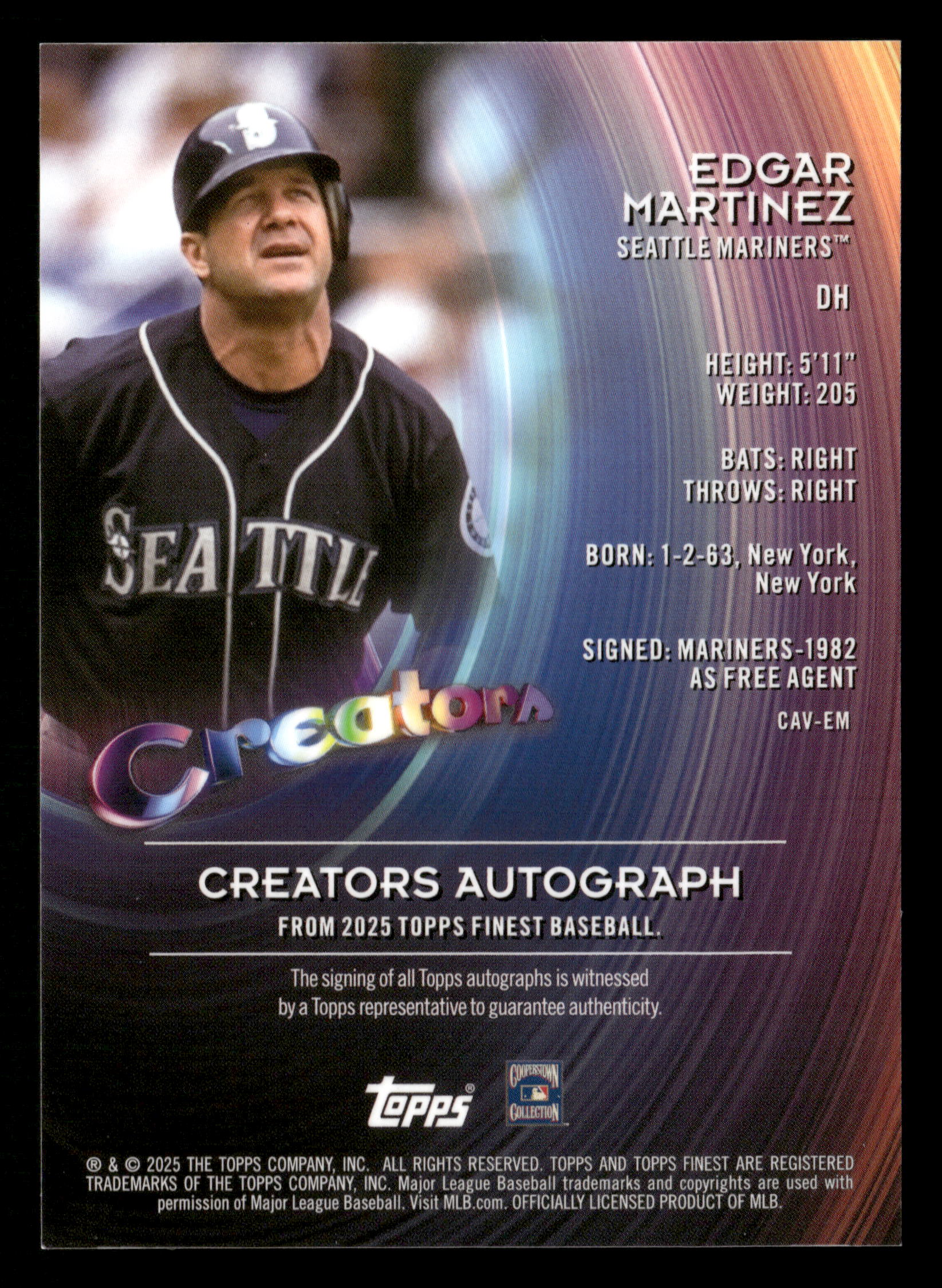 2025 Finest #CAV-EM Edgar Martinez Creators Autographs Orange Refractors #/25 - Image 2
