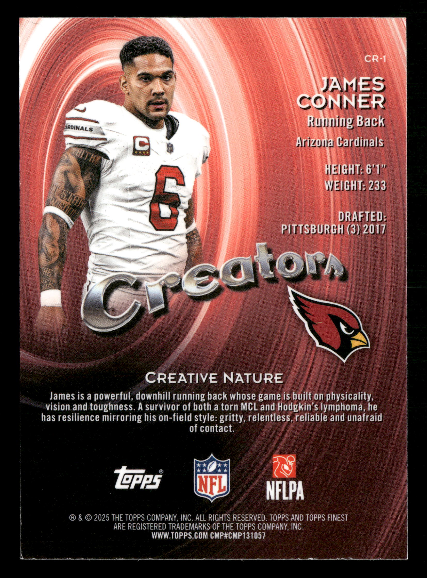 2025 Finest #CR-1 James Conner Creators Blue Refractor #/99 - Image 2