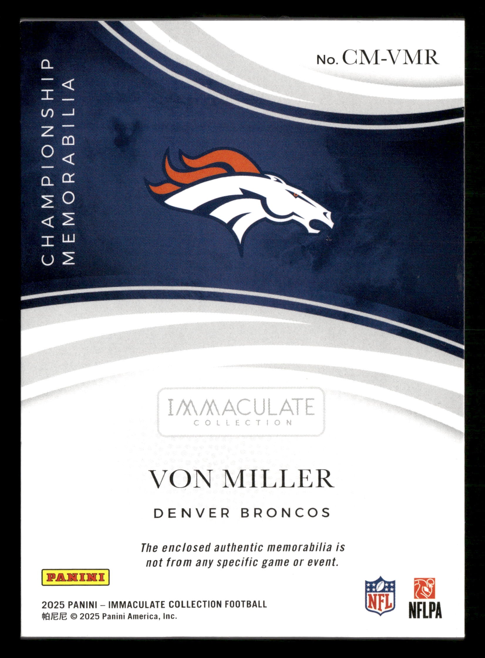 2025 Immaculate #CM-VMR Von Miller Championship Memorabilia #/99 - Image 2