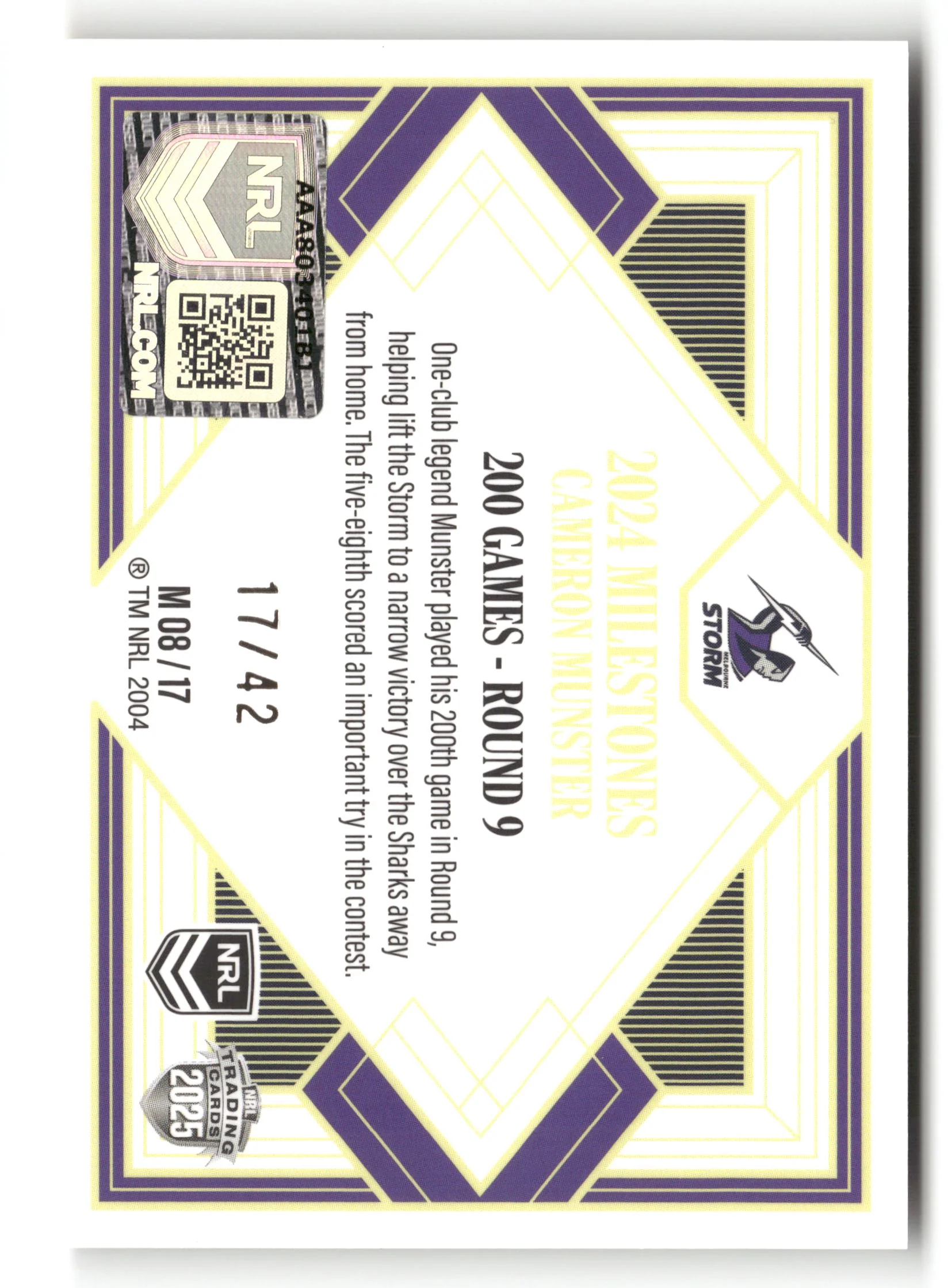 2025 NRL Elite - Cameron Munster Milestones Case Card #/42 - Image 2