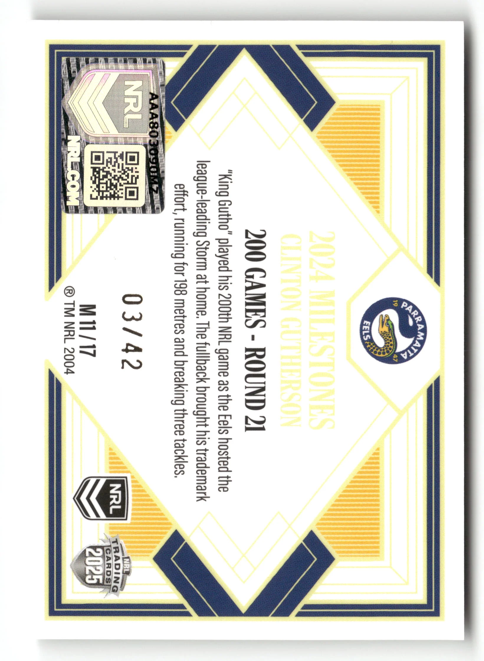 2025 NRL Elite - Clint Gutherson Milestones Case Card #03/42 - Image 2