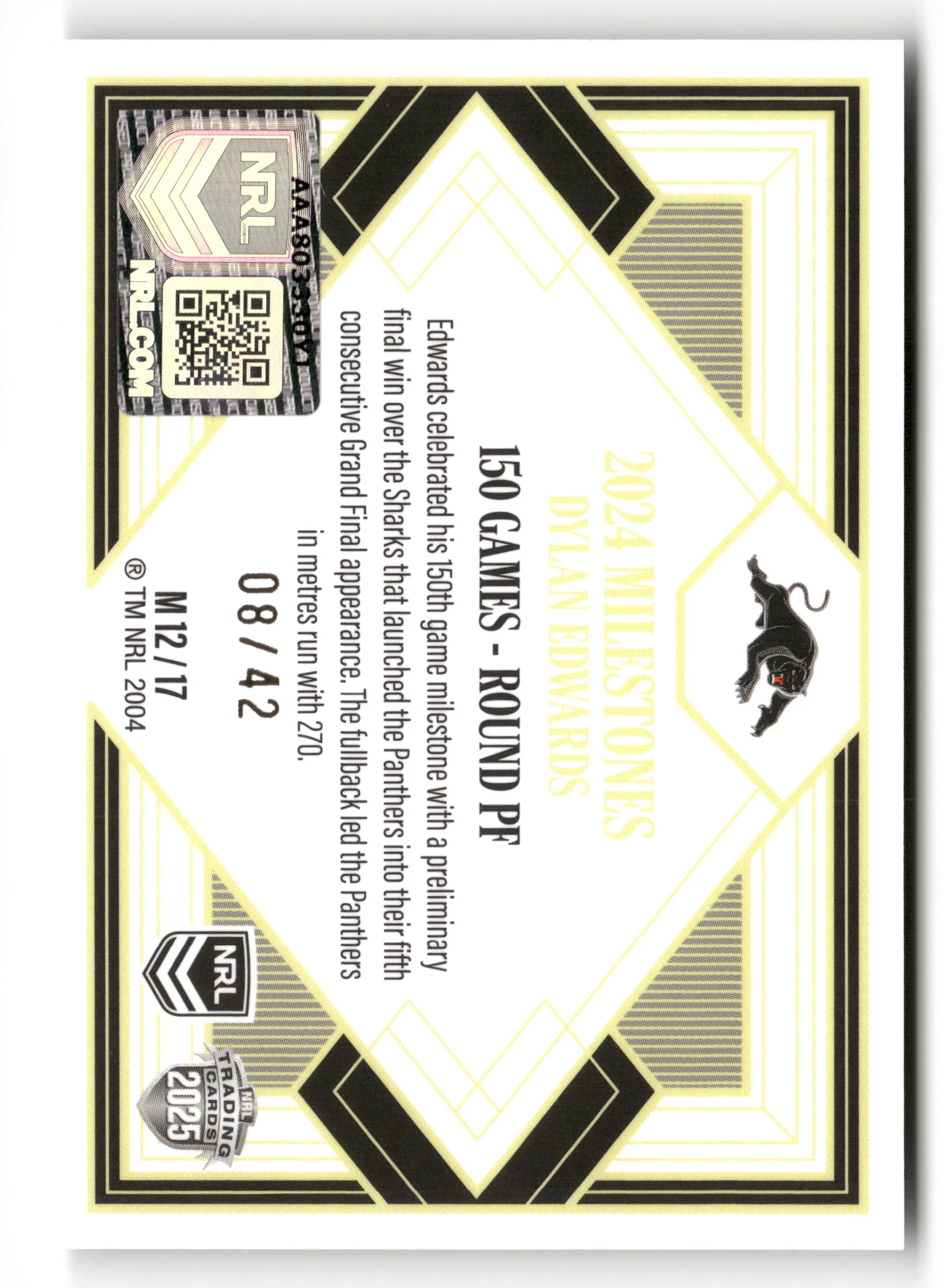 2025 NRL Elite - Dylan Edwards Milestones Case Card #/42 - Image 2