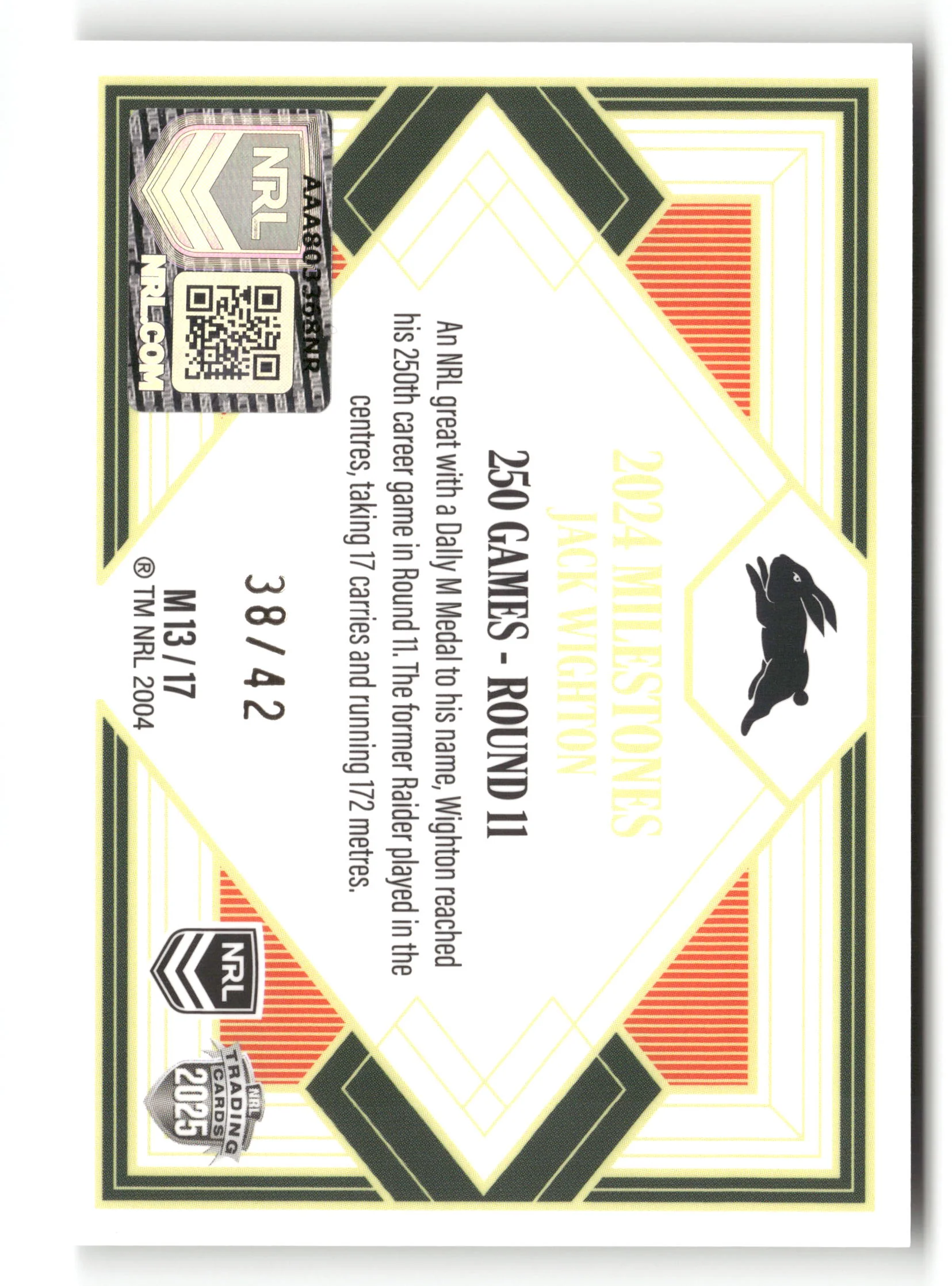 2025 NRL Elite - Jack Wighton Milestones Case Card #/42 - Image 2