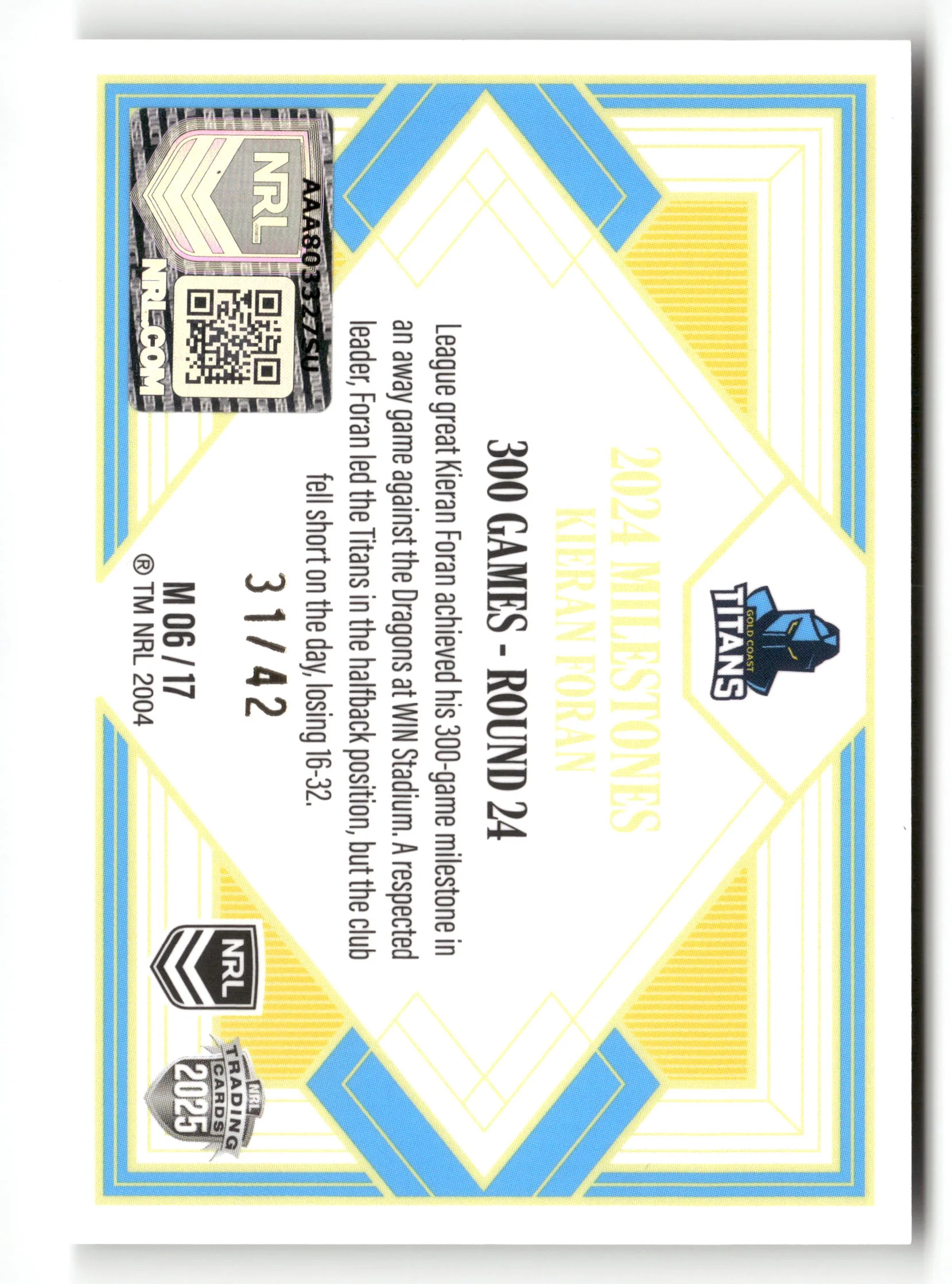2025 NRL Elite - Kieran Foran Milestones Case Card #31/42 - Image 2