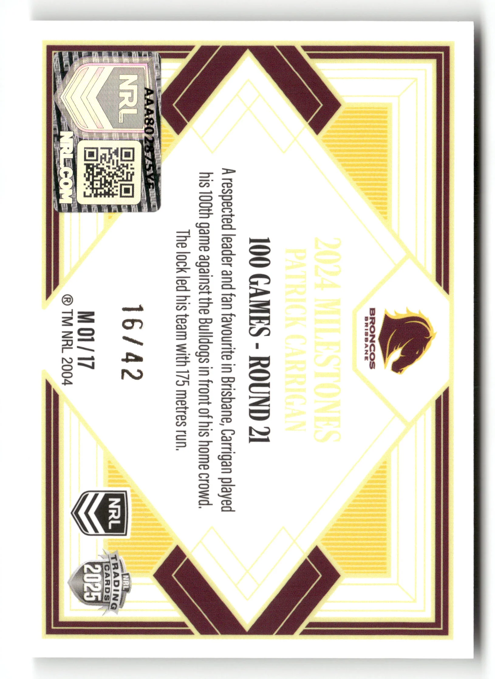 2025 NRL Elite - Patrick Carrigan Milestones Case Card #16/42 - Image 2