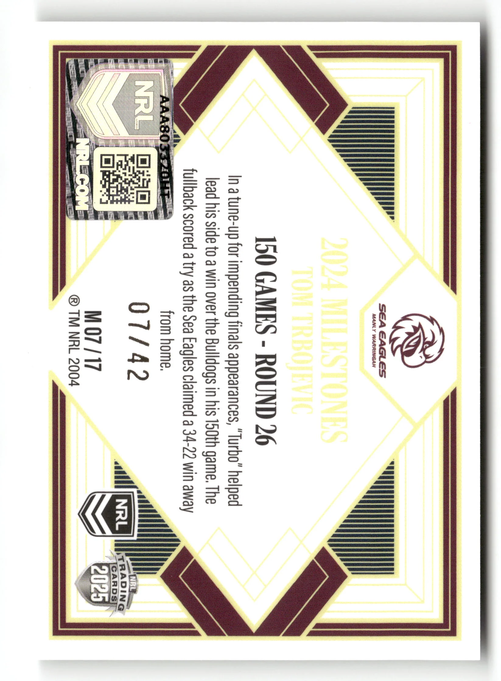 2025 NRL Elite - Tom Trbojevic Milestones Case Card #/42 - Image 2