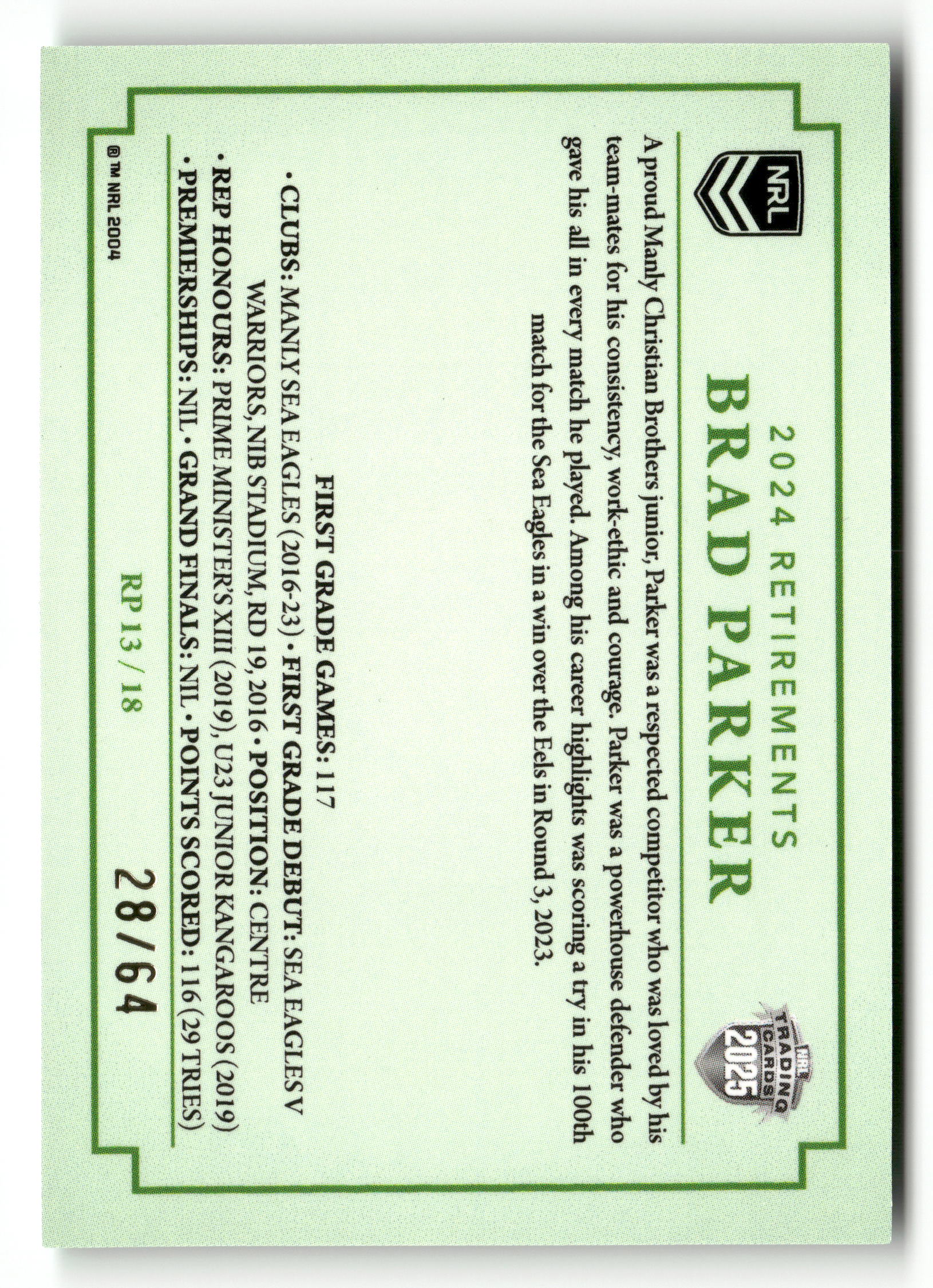 2025 NRL Traders - Brad Parker 2024 Retirements Case Card /64 - Image 2