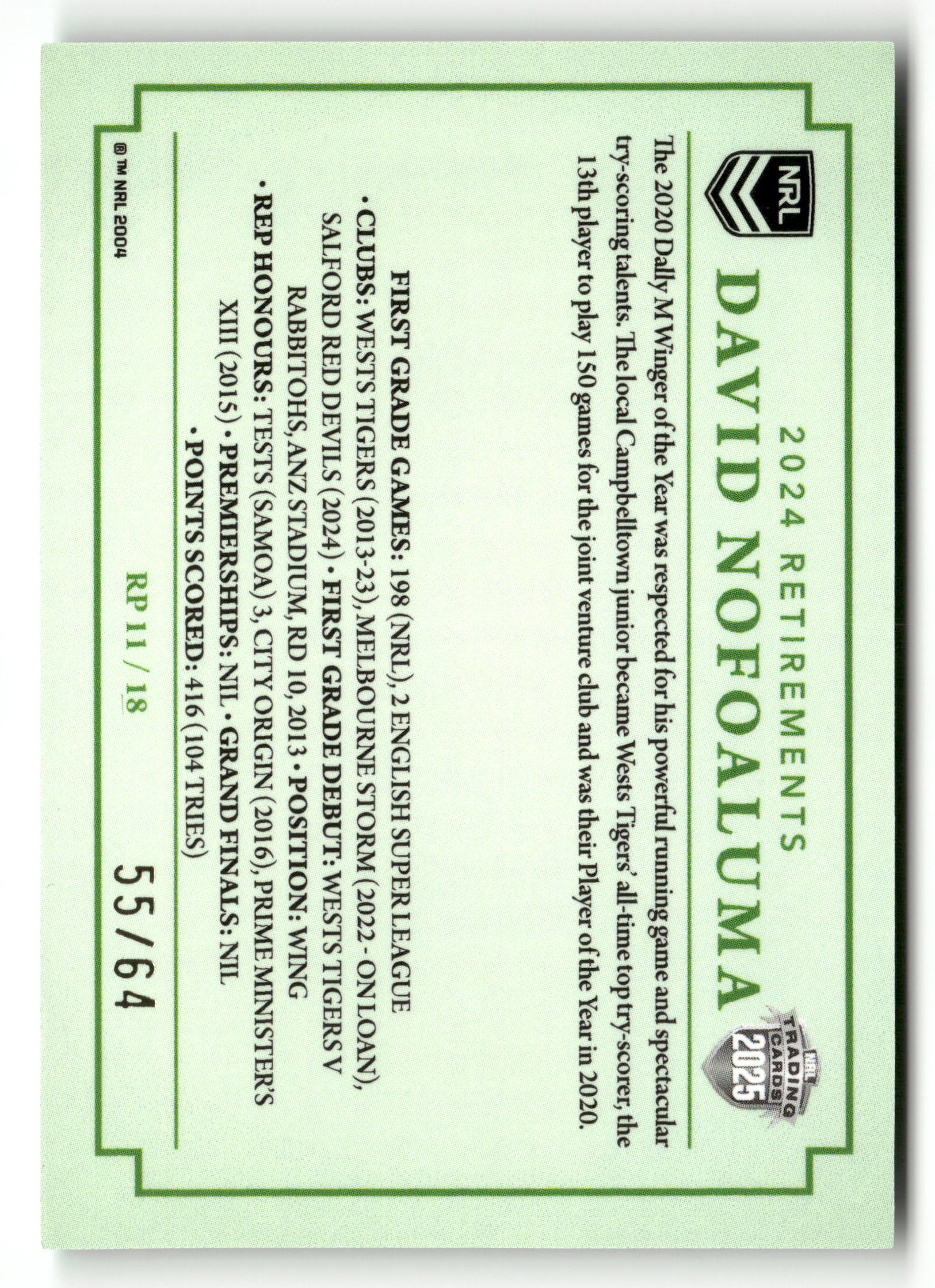 2025 NRL Traders - David Nofoaluma 2024 Retirements Case Card /64 - Image 2
