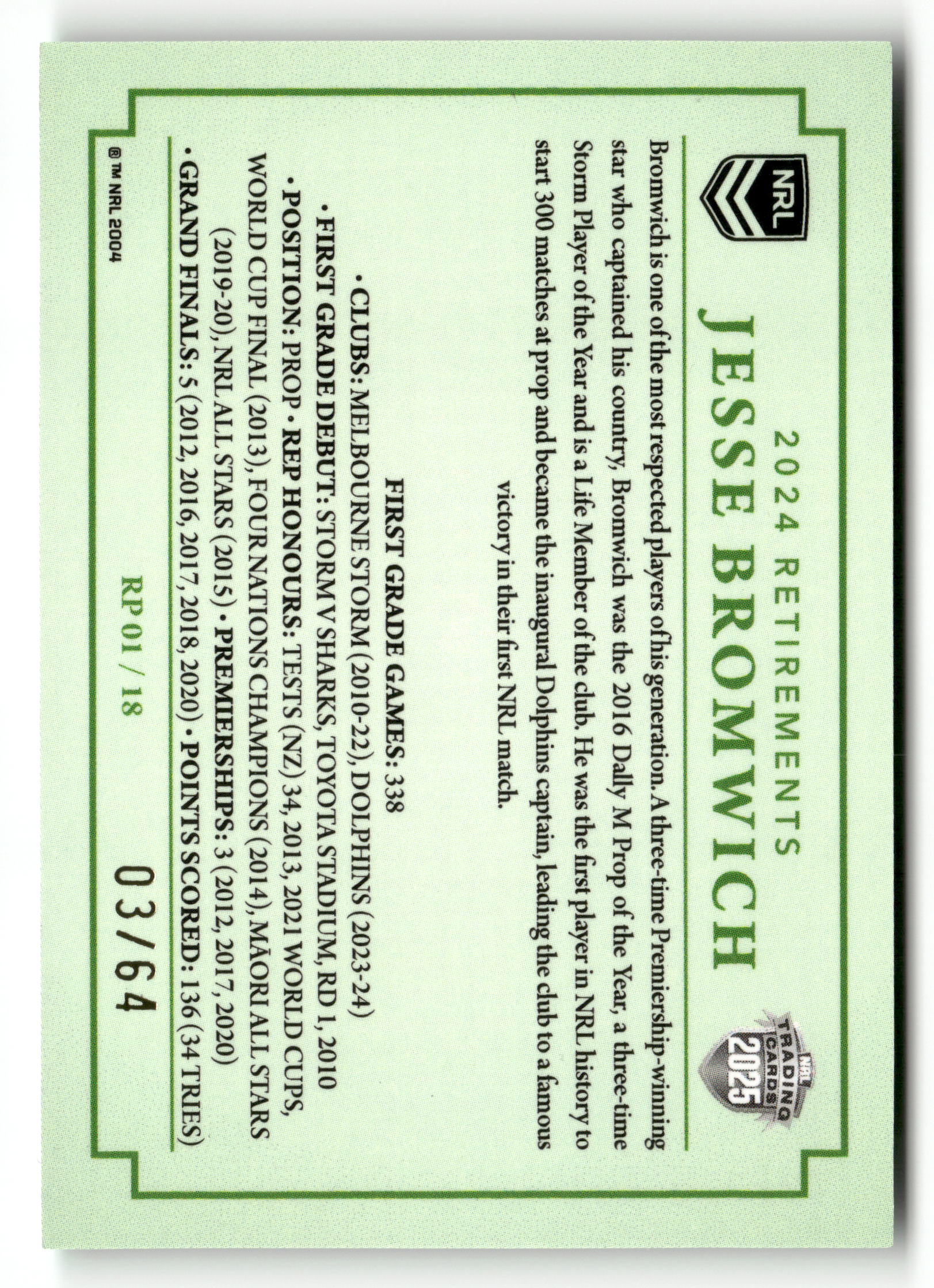 2025 NRL Traders - Jesse Bromwich 2024 Retirements Case Card /64 - Image 2