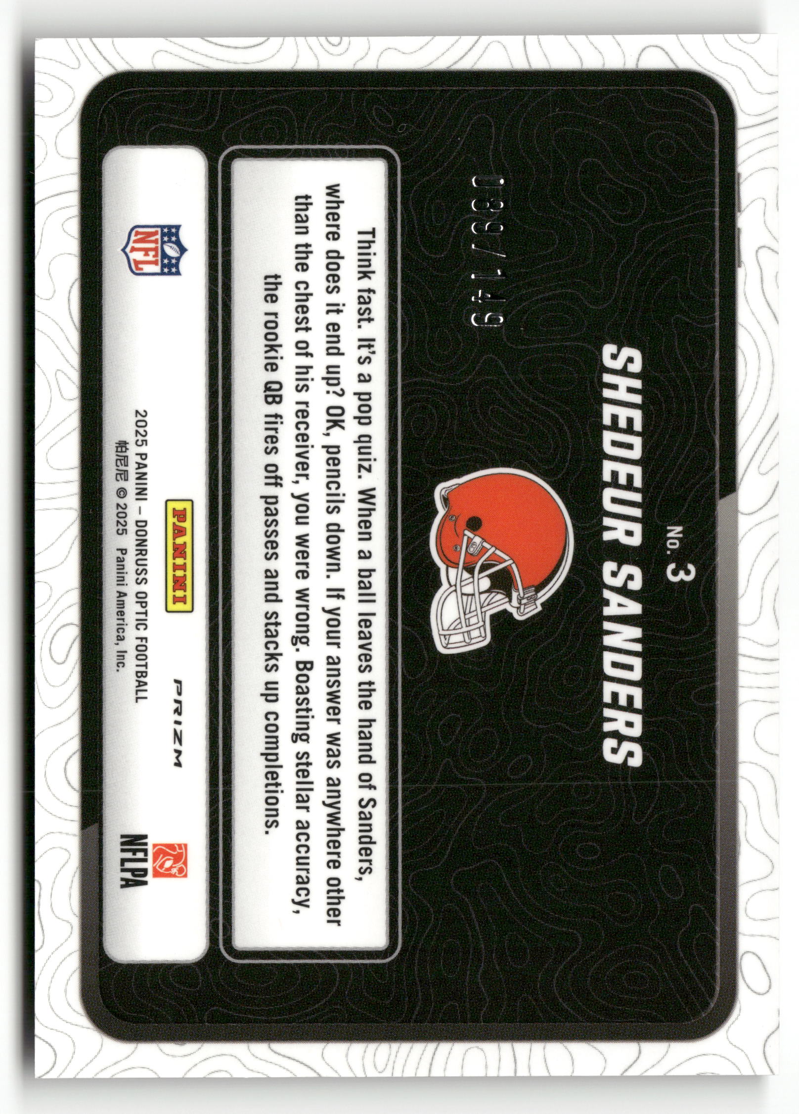2025 Optic #3 Shedeur Sanders Passing Grade RC #/149 - Image 2