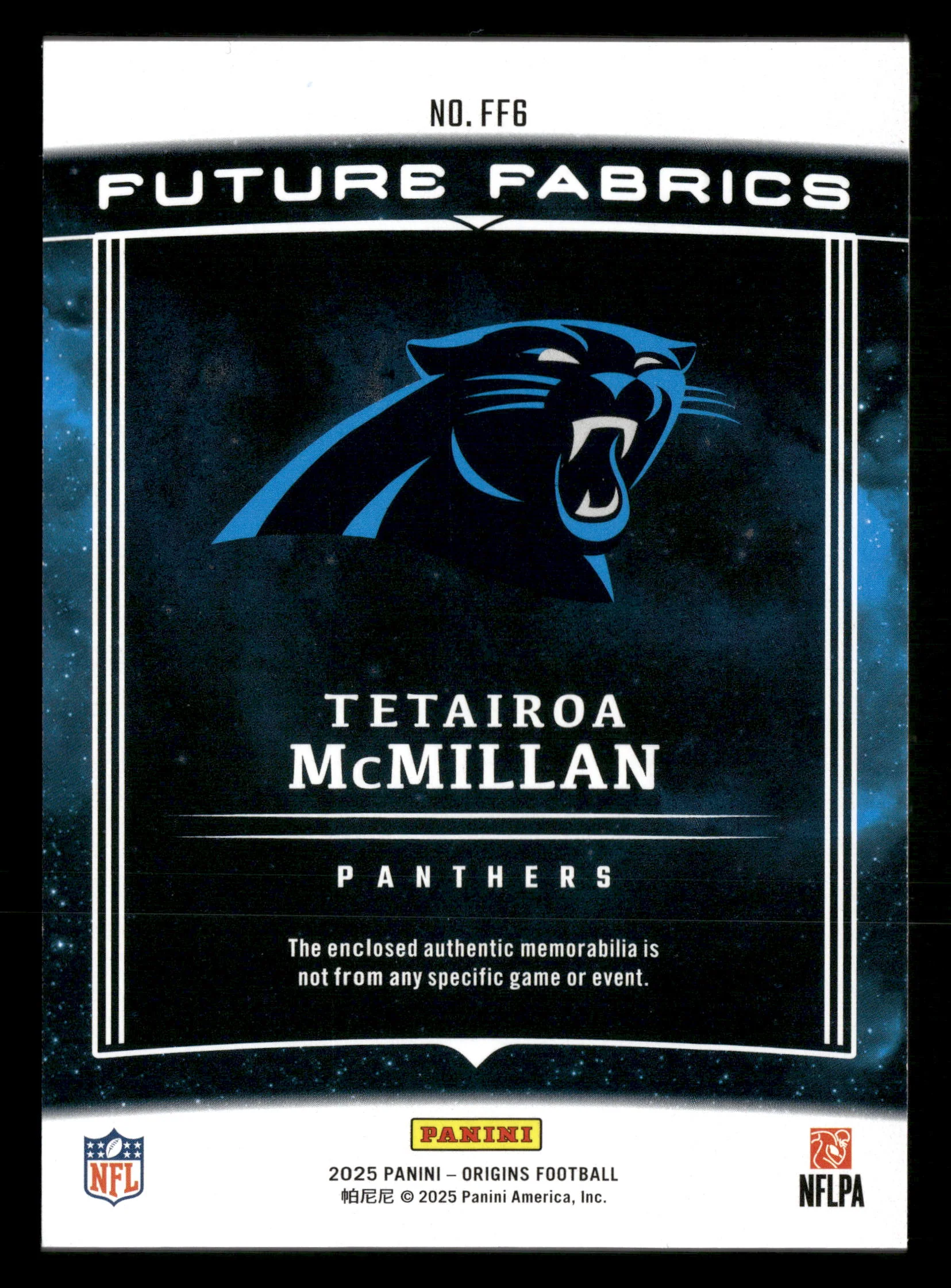 2025 Origins #FF6 Tetairoa McMillan Future Fabrics RC #/199 - Image 2
