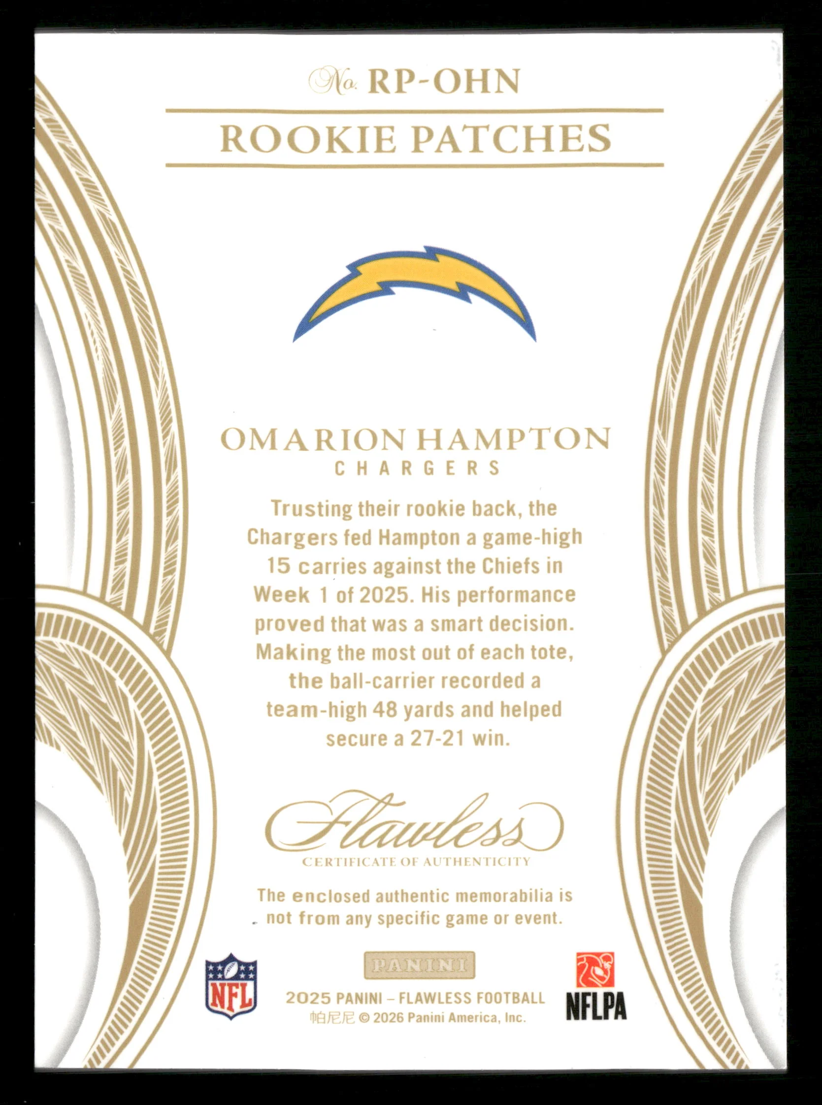 2025 Panini Flawless #RP-OHN Omarion Hampton Rookie Patches Ruby #/15 - Image 4