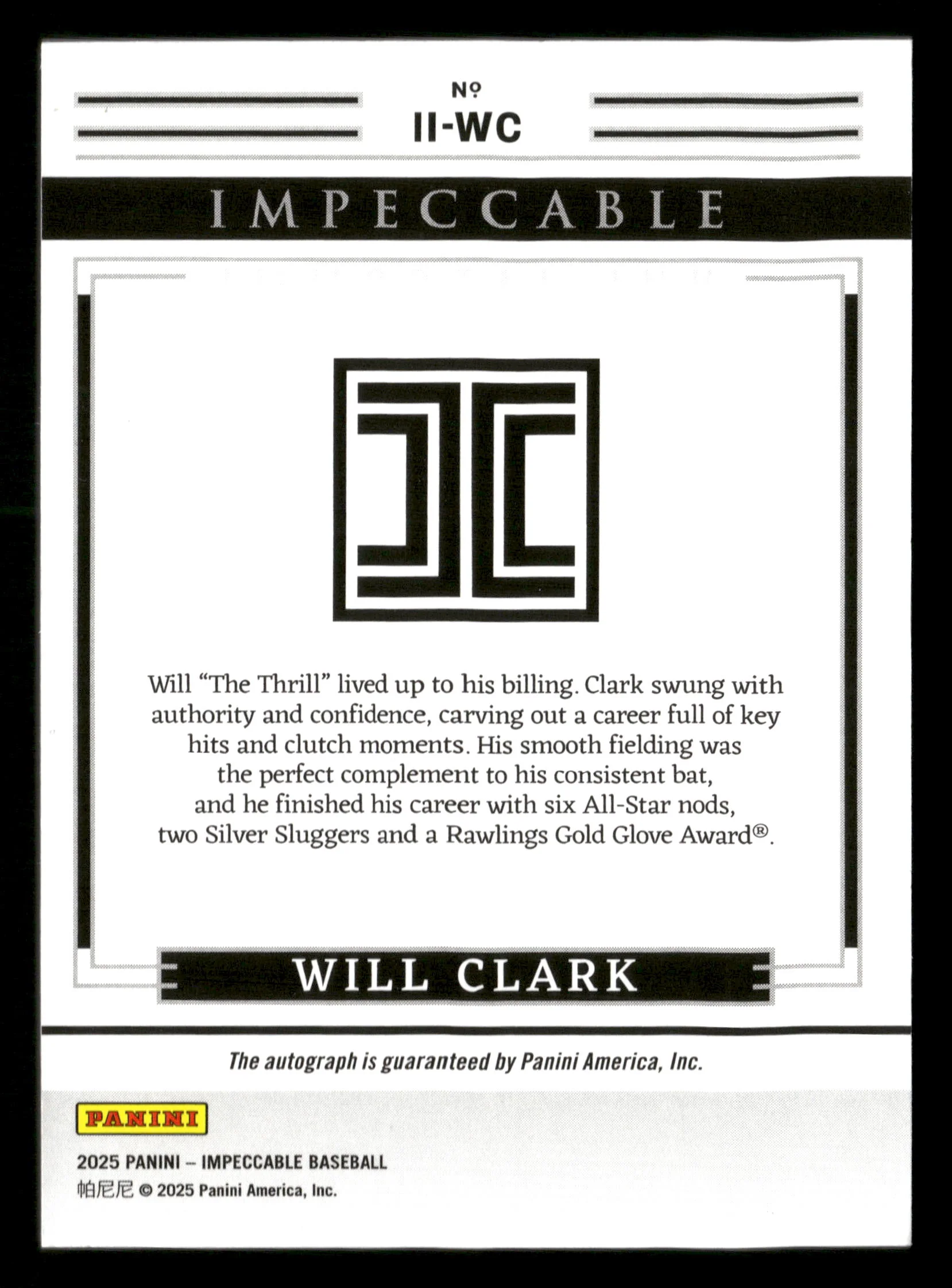 2025 Panini Impeccable #II-WC Will Clark Immortal Ink Holo Silver #/25 - Image 2