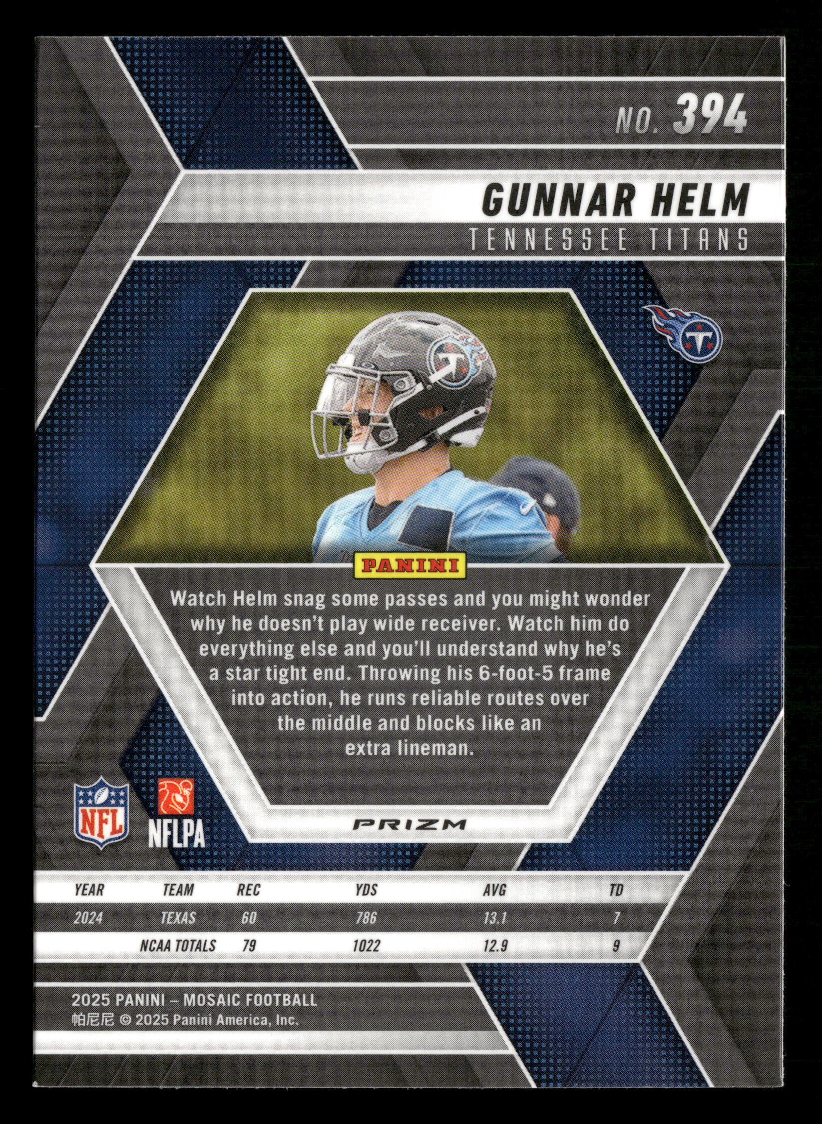 2025 Panini Mosaic #394 Gunnar Helm Honeycomb - Image 2