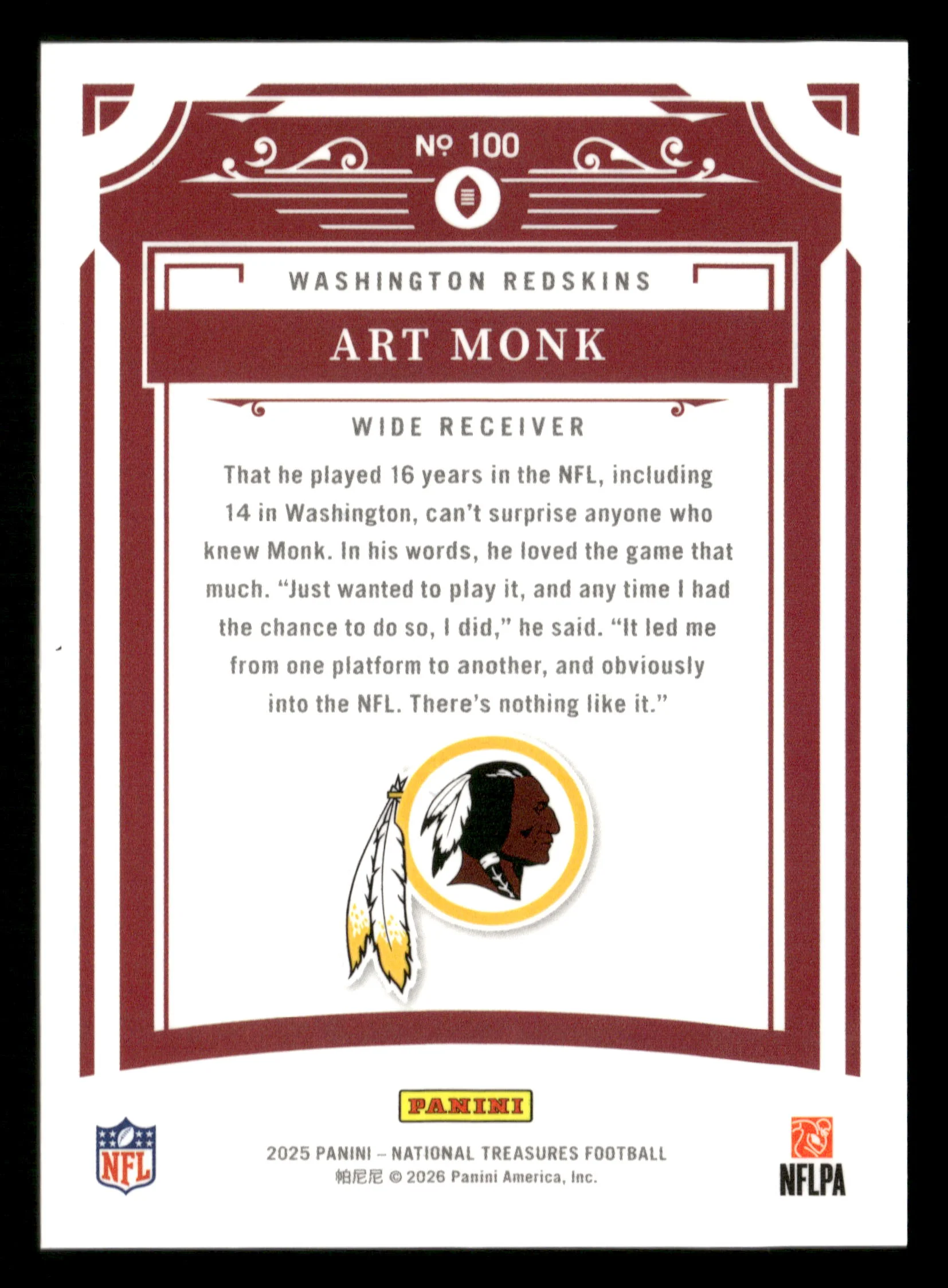 2025 Panini National Treasures #100 Art Monk Holo Gold #/15 - Image 2