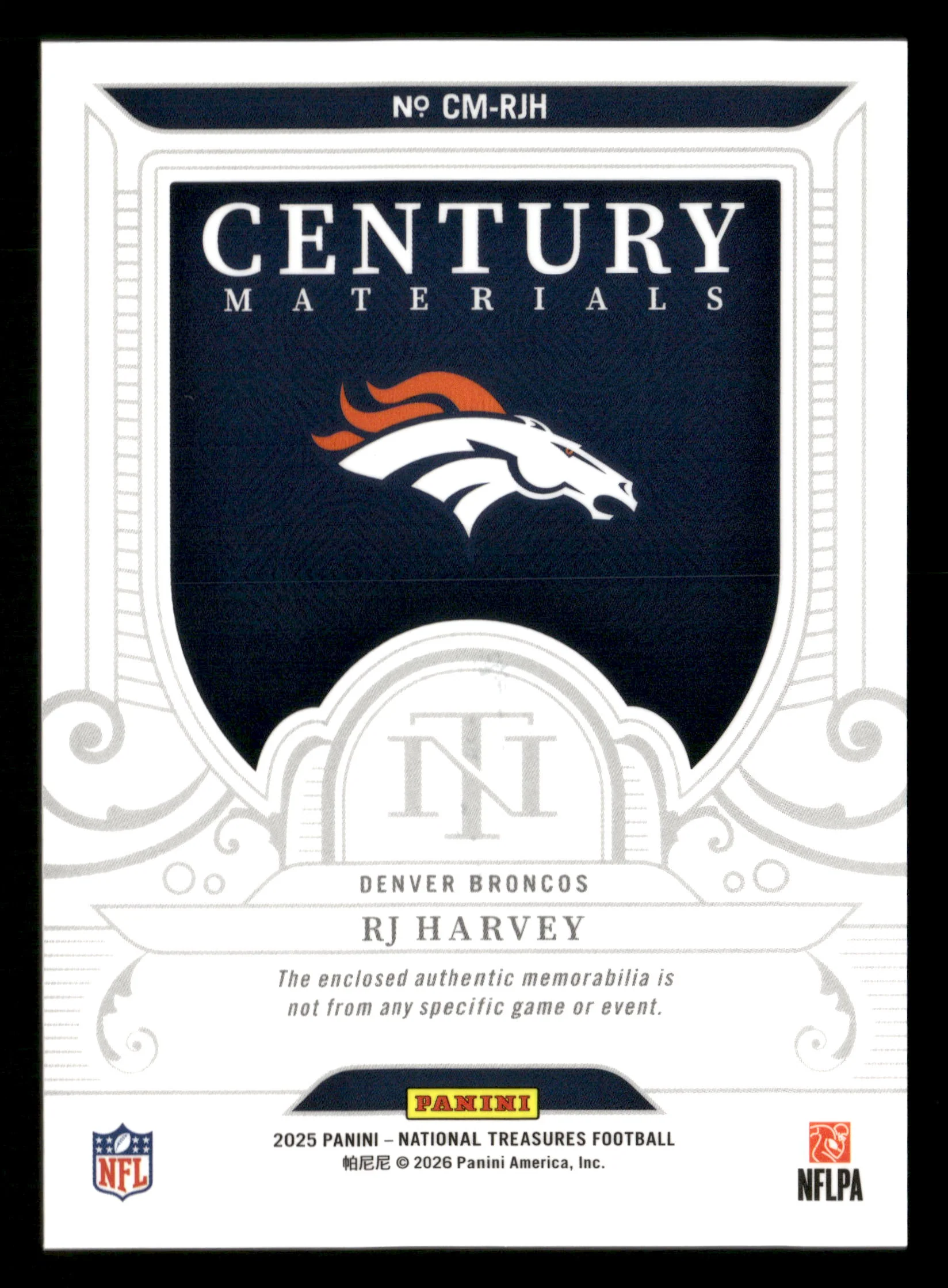 2025 Panini National Treasures #CM-RJH RJ Harvey Century Materials #/99 - Image 2