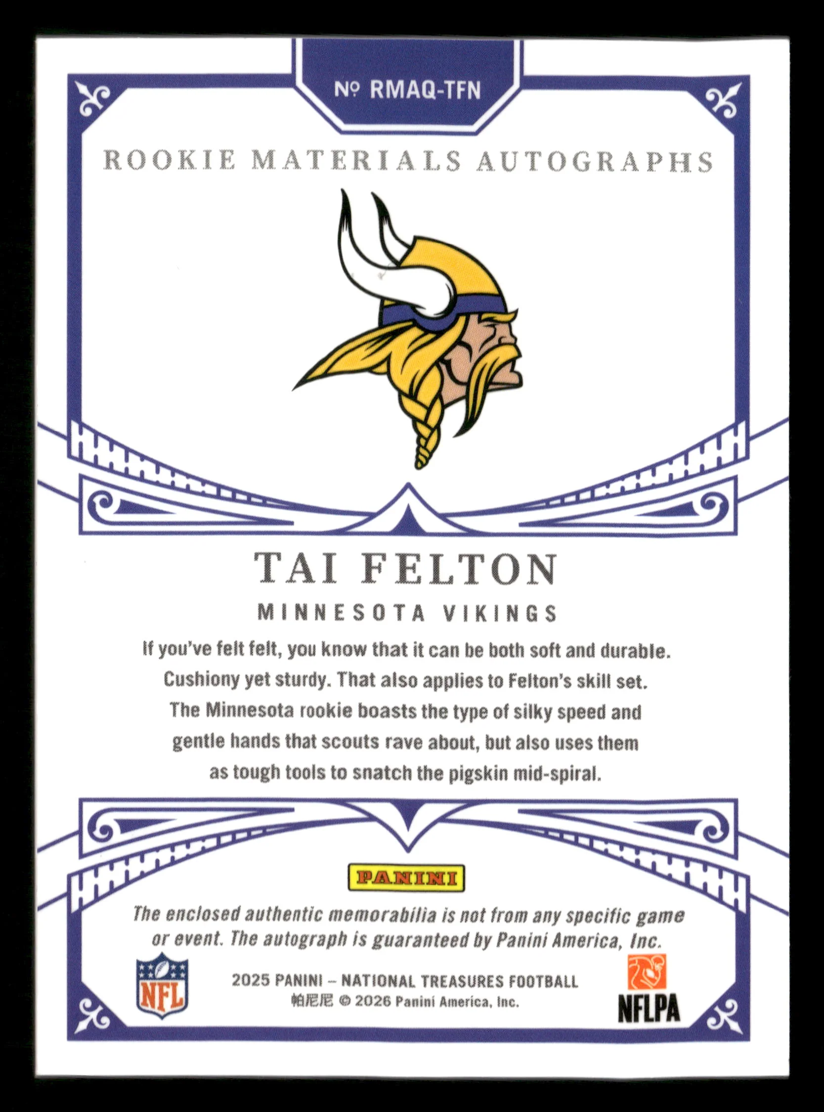 2025 Panini National Treasures #RMAQ-TFN Felton Rookie Materials Auto Quad #/99 - Image 2