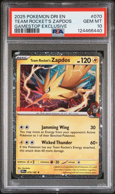 2025 Pokemon Destined Rivals 070/182 Team Rocket's Zapdos Gamestop Exclusive PSA 10