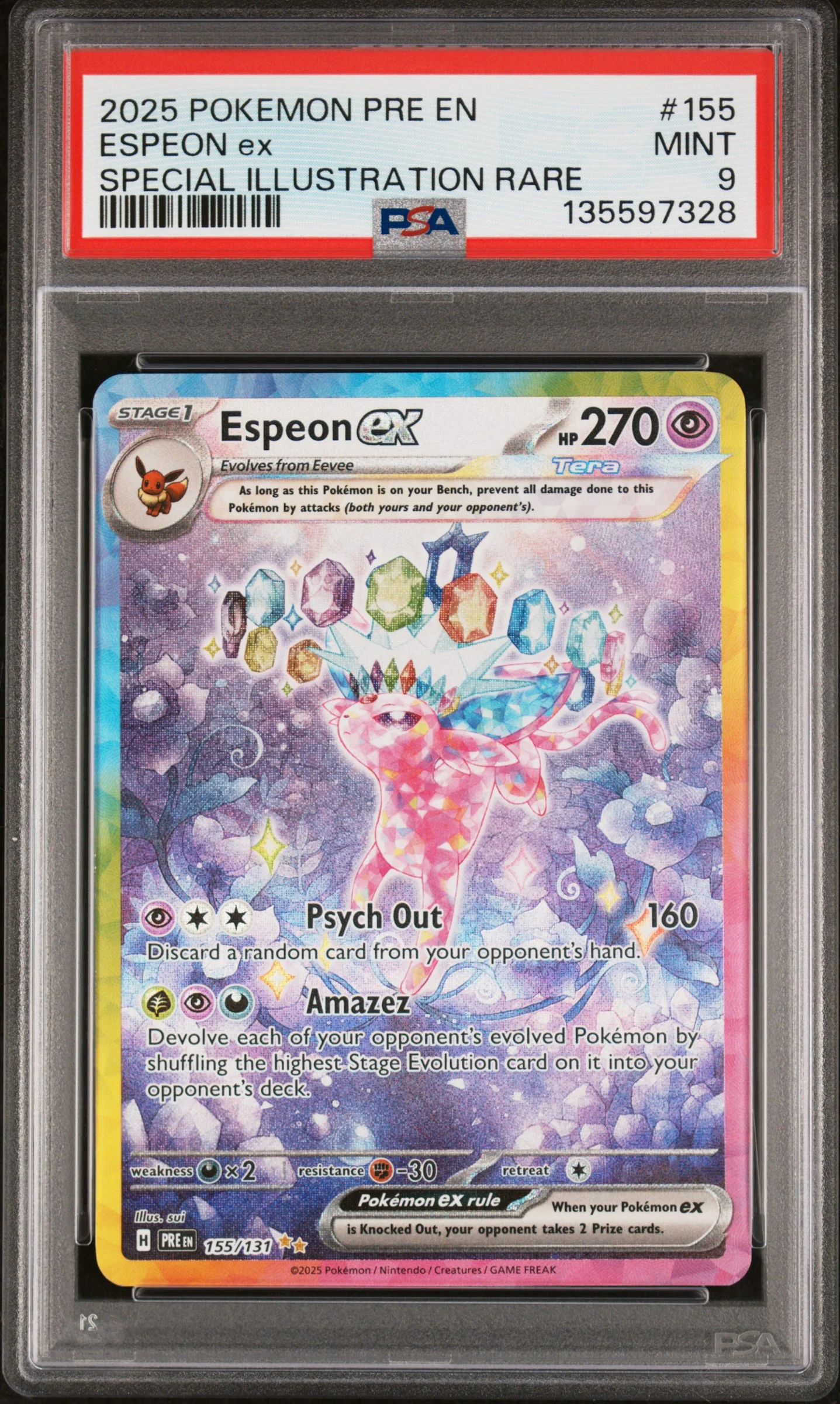 2025 Pokemon Prismatic Evolutions #155 Espeon Ex Special Illustration Rare PSA 9