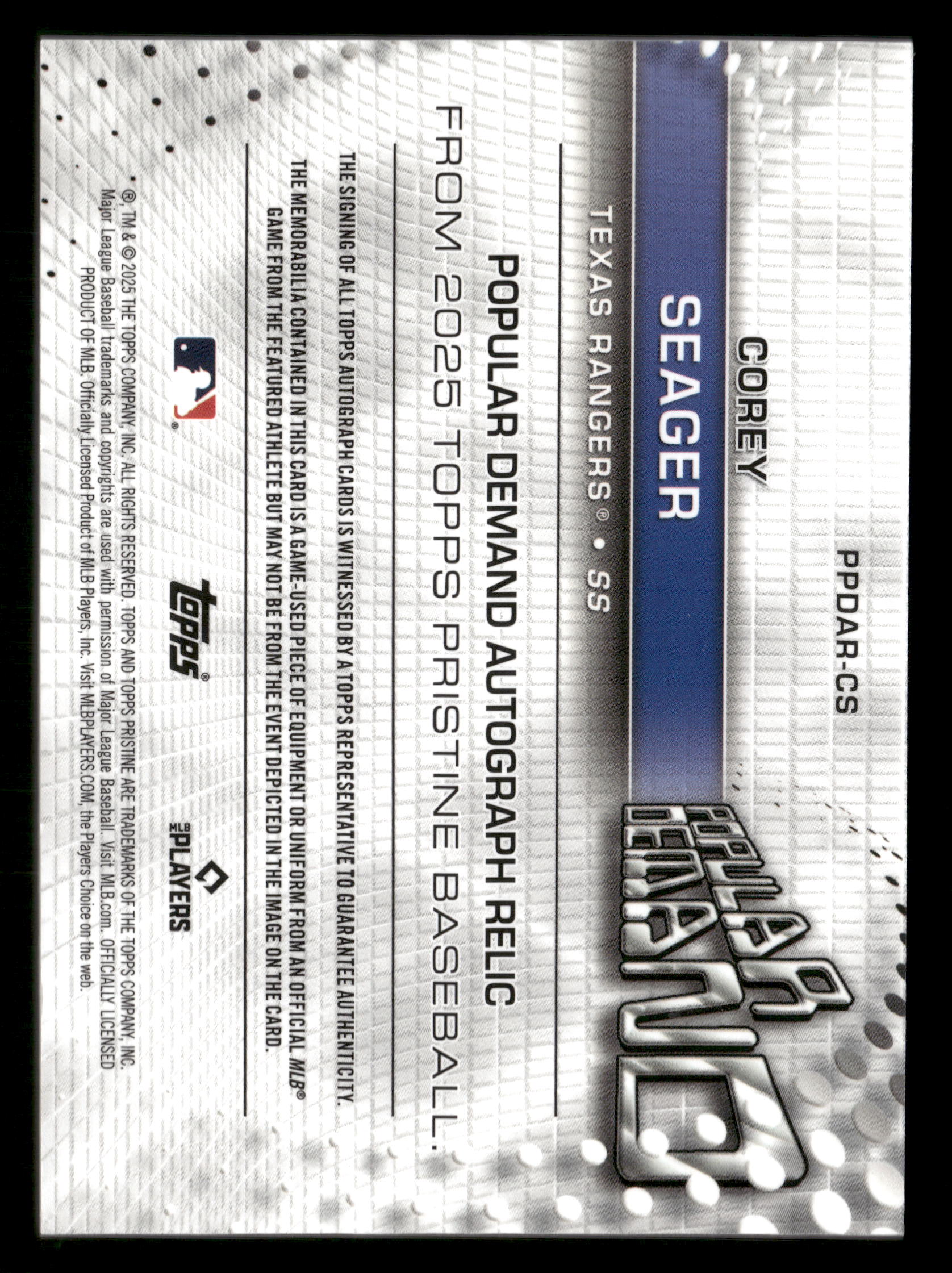2025 Pristine #PPDAR-CS Corey Seager Popular Demand Auto Relics Orange #/25 - Image 2