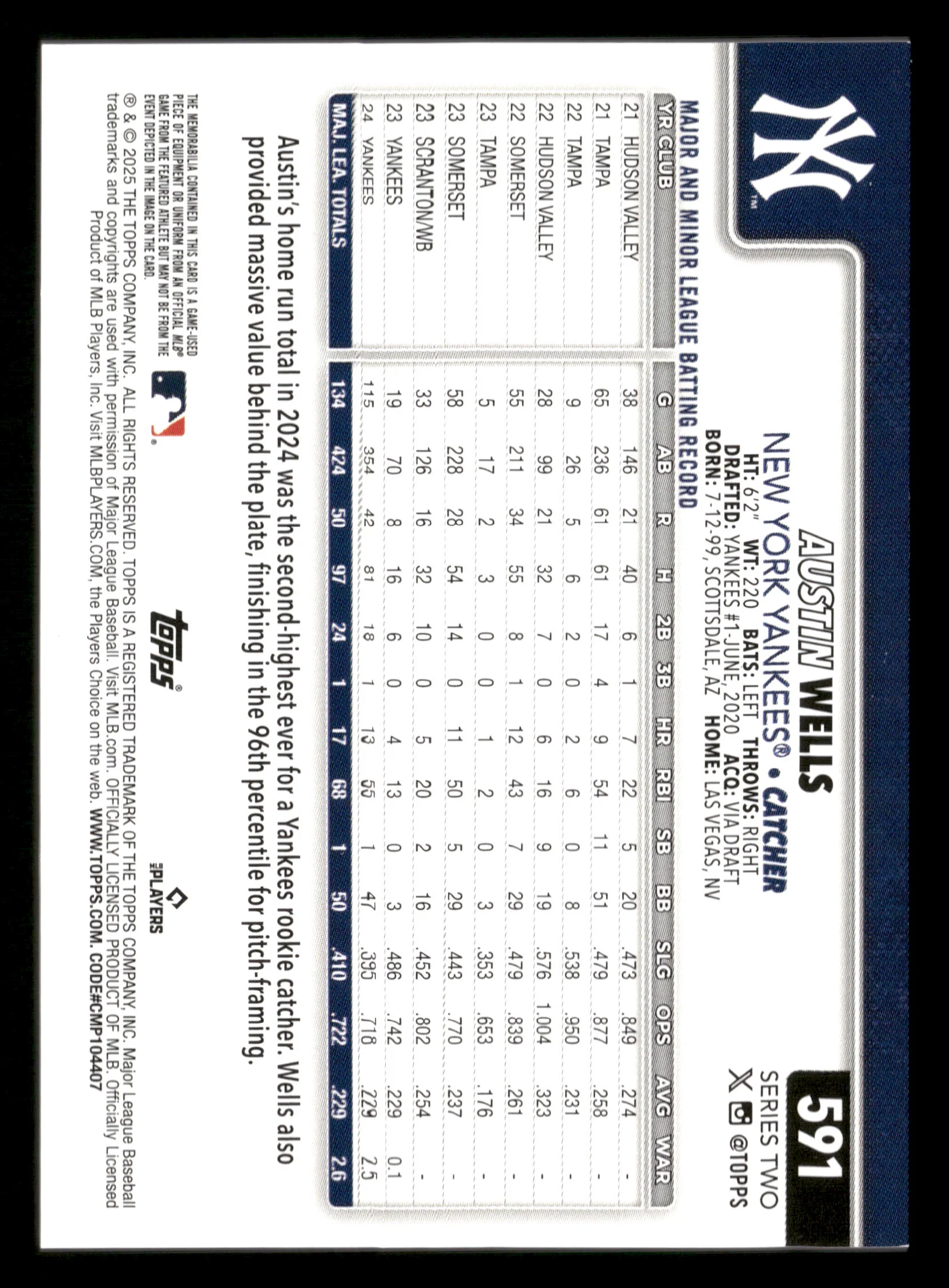 2025 Series 2 #591 Austin Wells Game-Used Relics Orange #/25 - Image 2