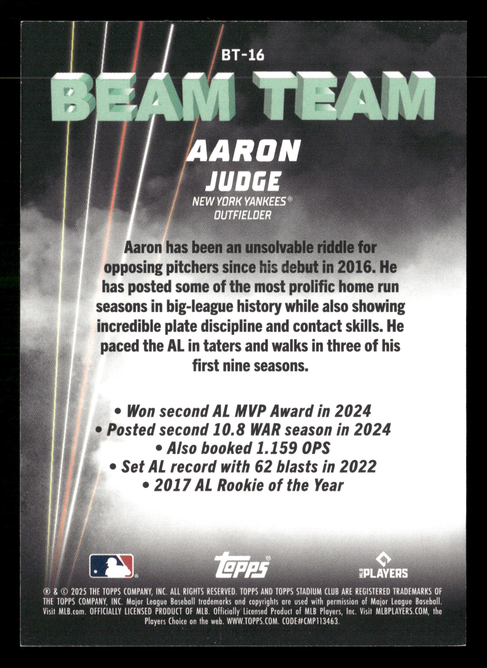 2025 Stadium Club #BT-16 Aaron Judge Beam Team - Image 2