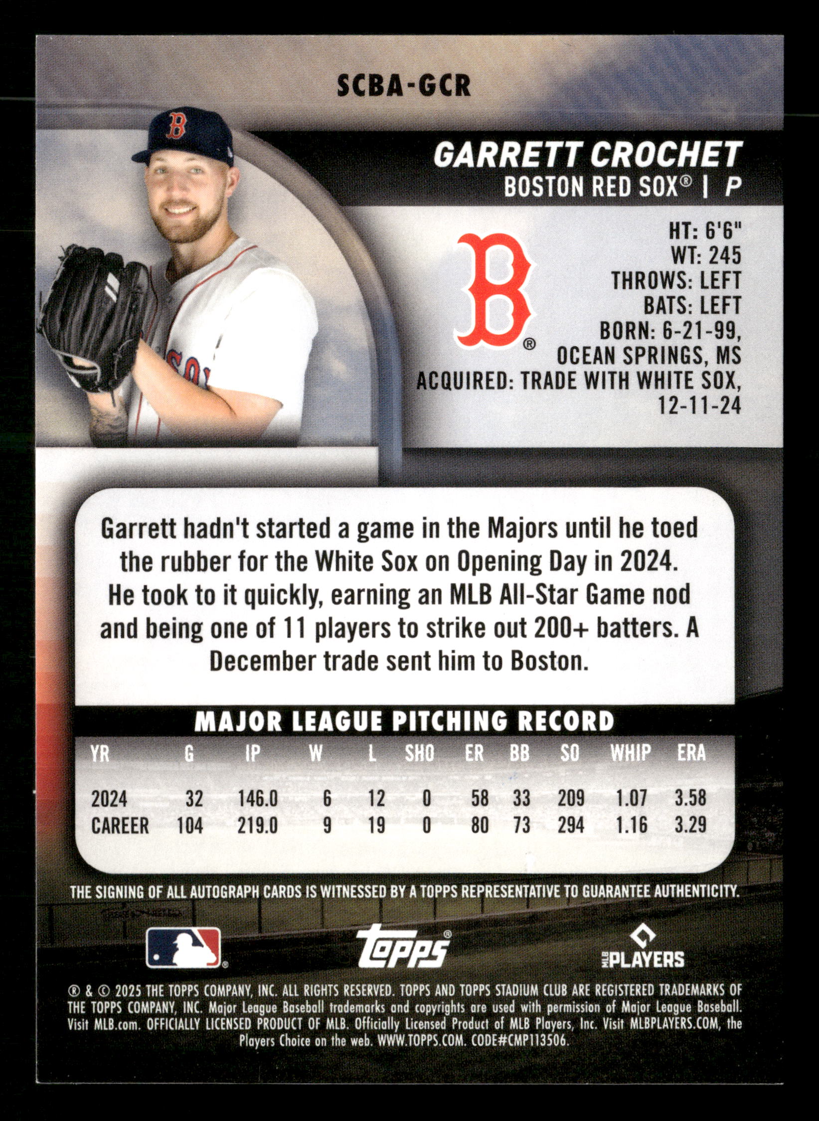 2025 Stadium Club #SCBA-GCR Garrett Crochet Base Autographs - Image 2