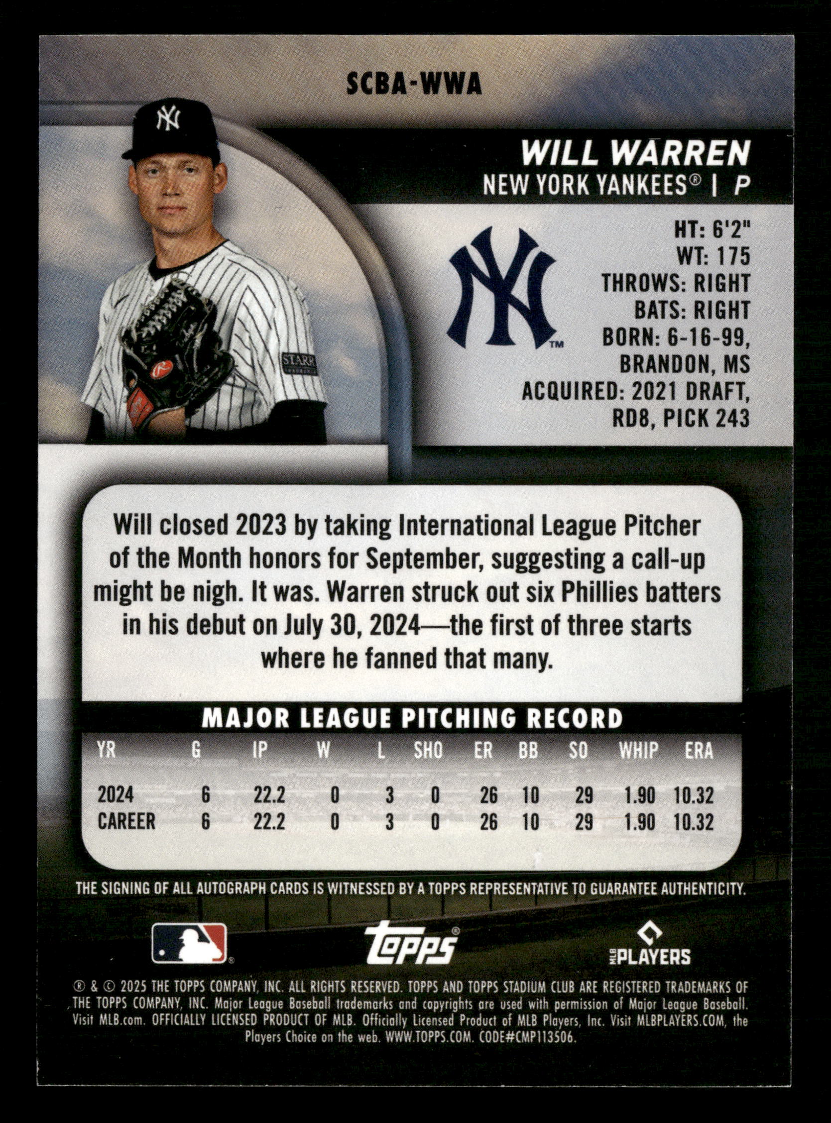 2025 Stadium Club #SCBA-WWA Will Warren Base Autographs Yellow Foil - Image 2