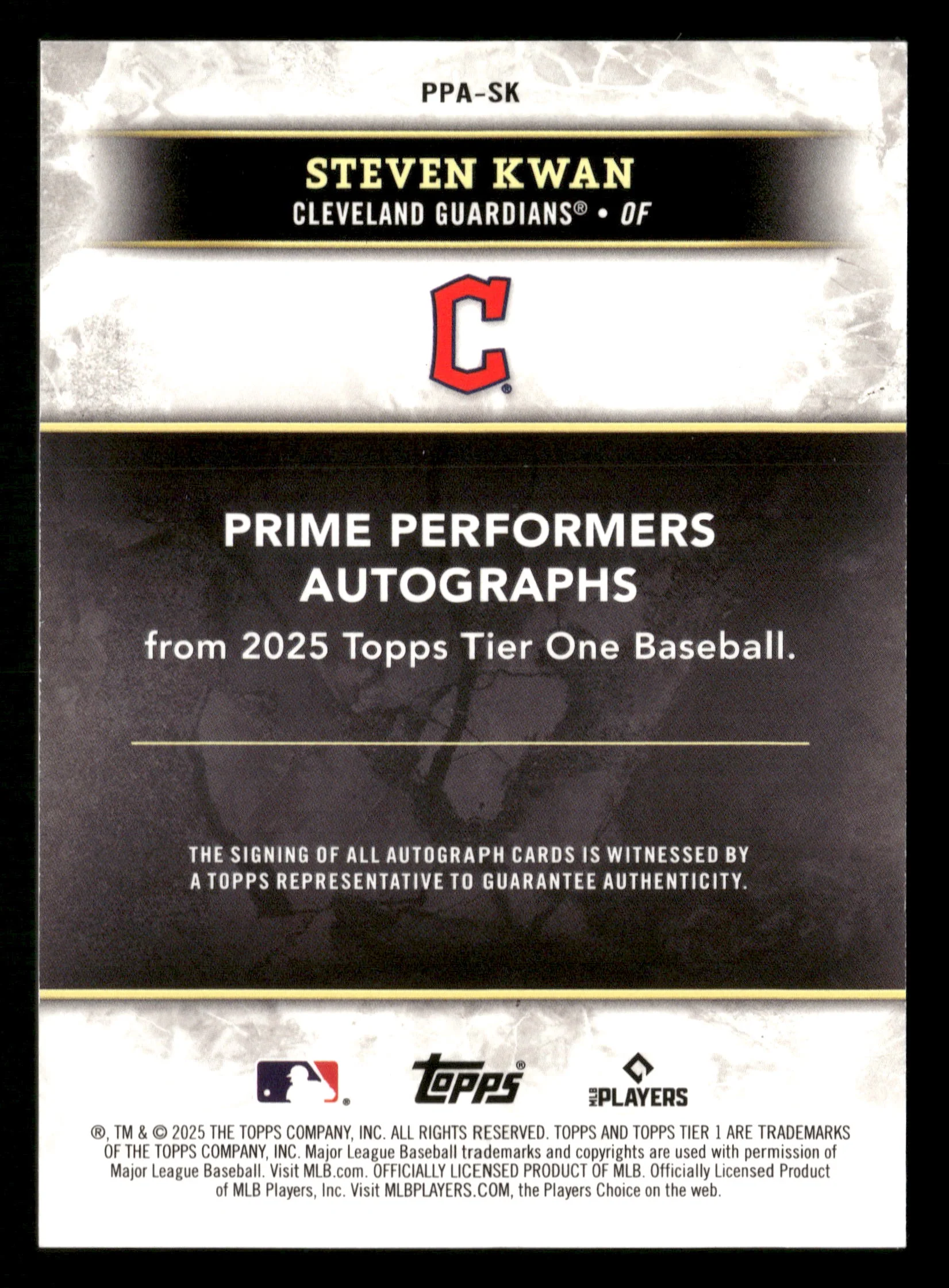 2025 Tier One #PPA-SK Steven Kwan Prime Performers Auto Blue Foil #/99 - Image 2