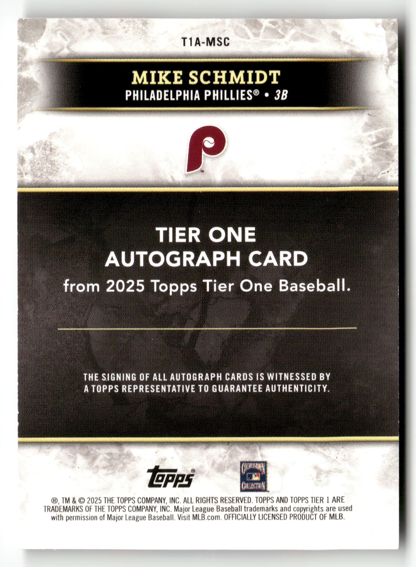 2025 Tier One #T1A-MSC Mike Schmidt Tier One Autographs Blue Foil #/20 - Image 2