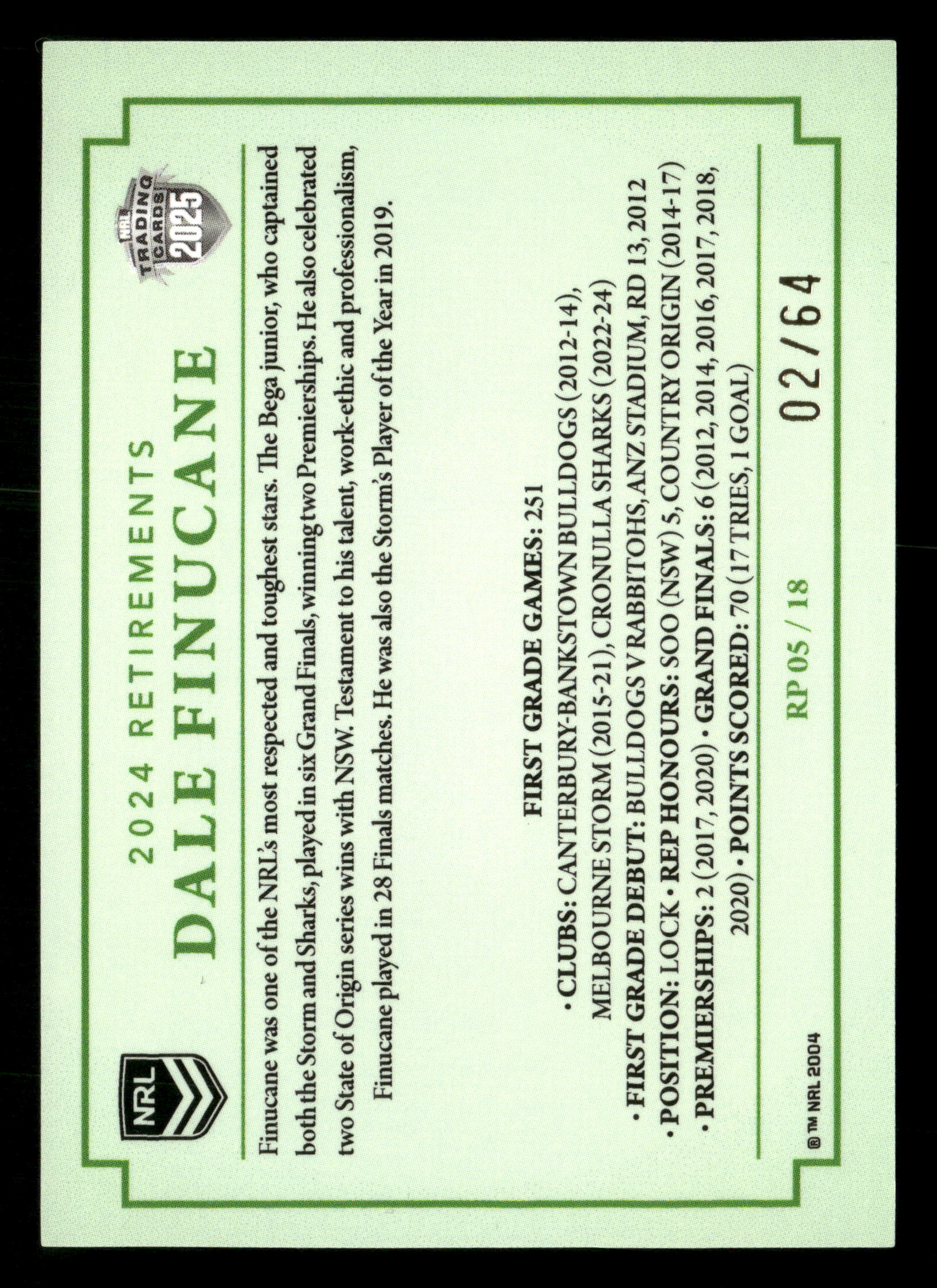 2025 TLA NRL Traders 05/18 Dale Finucane Case Card 02/64 - Image 2