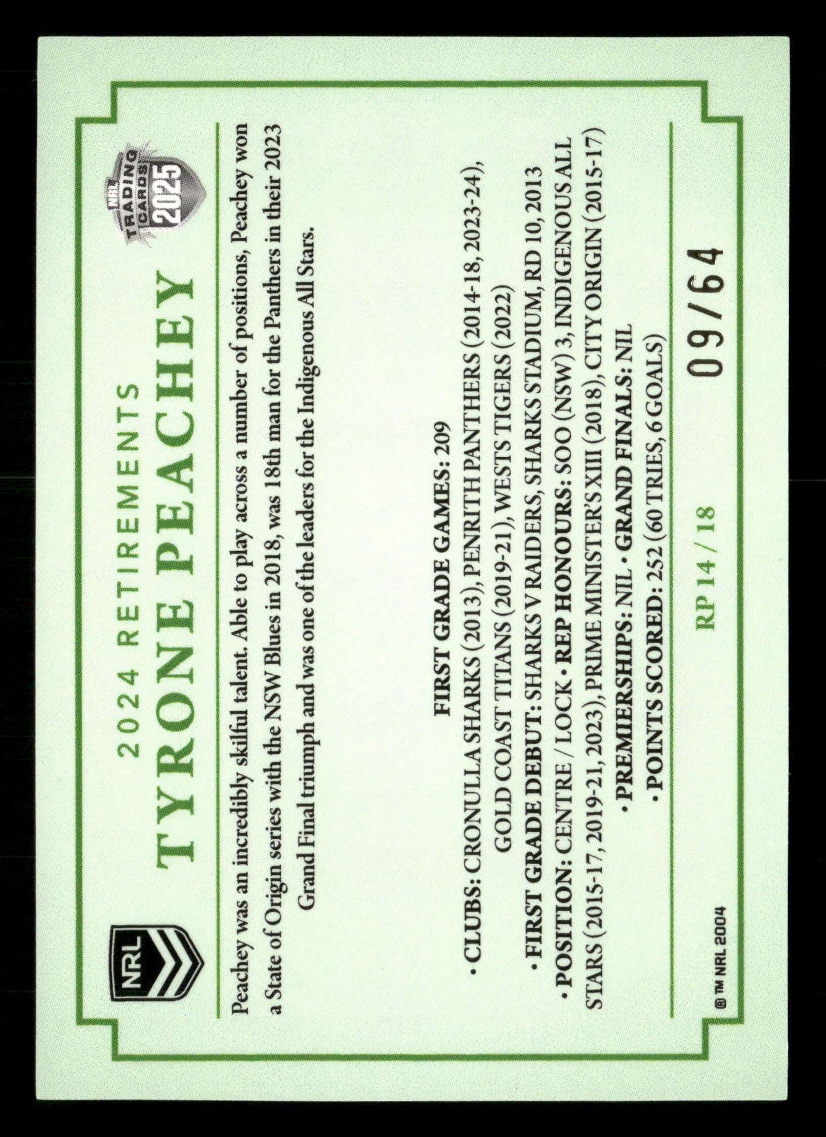 2025 TLA NRL Traders 14/18 Tyrone Peachey Case Card 09/64 - Image 2