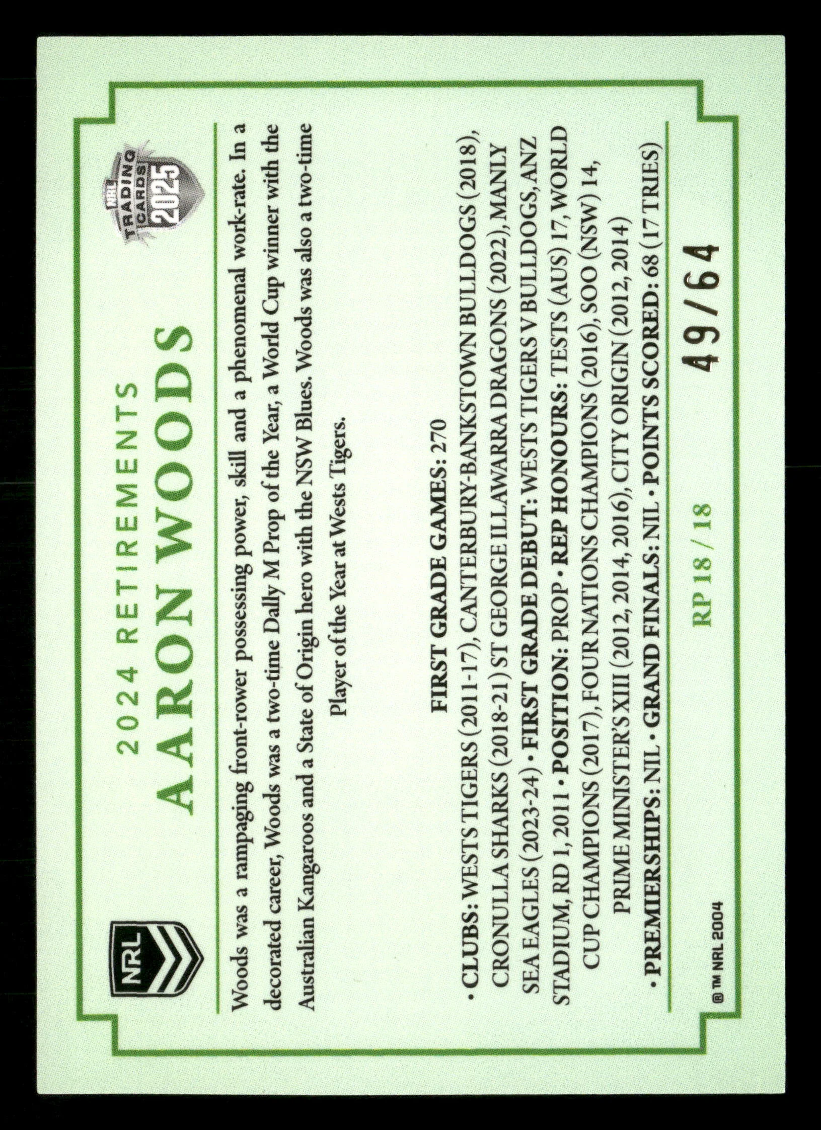 2025 TLA NRL Traders 18/18 Aaron Woods Case Card 49/64 - Image 2