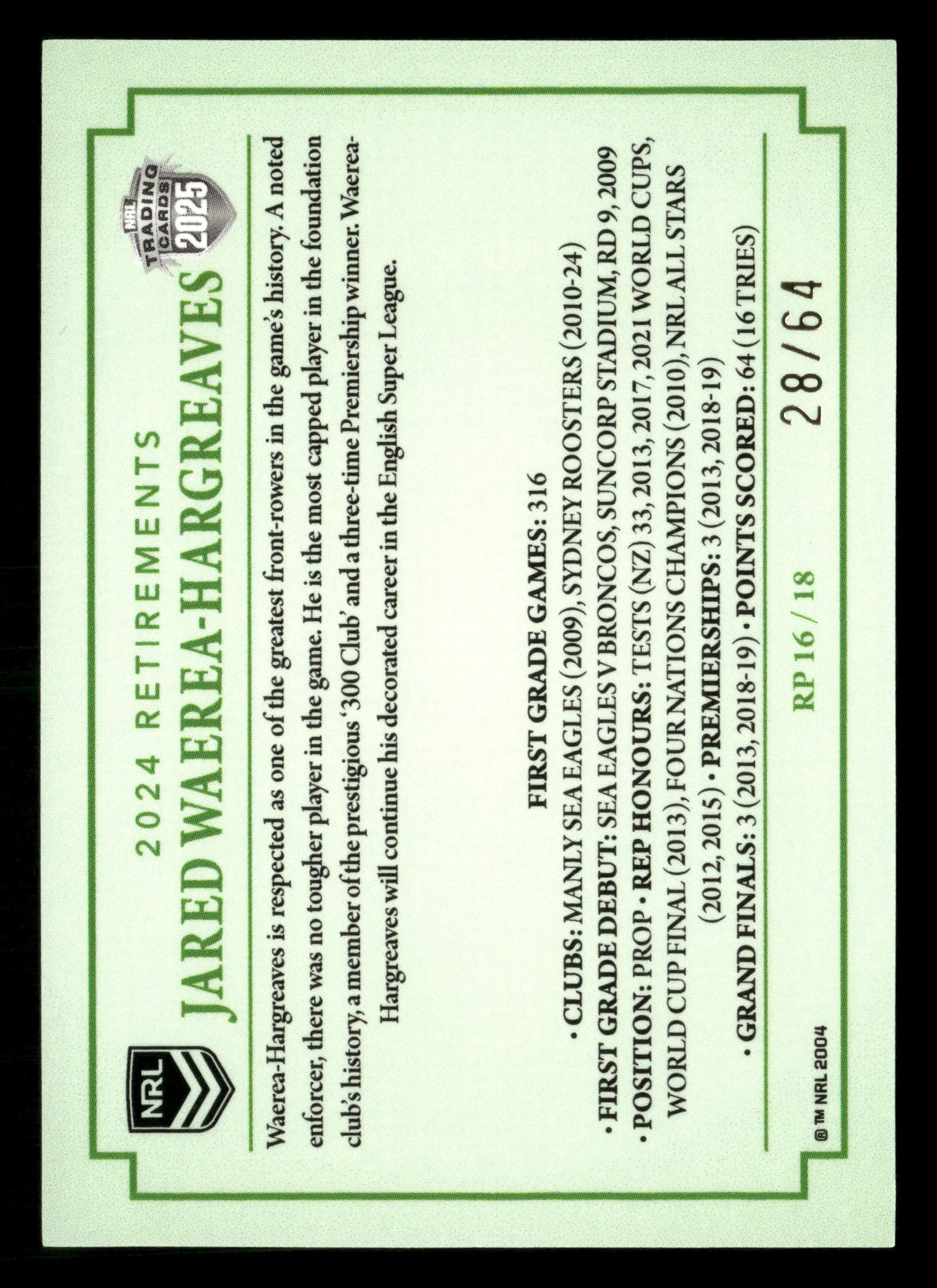 2025 TLA NRL Traders 16/18 Jared Waerea-Hargreaves Case Card 28/64 - Image 2