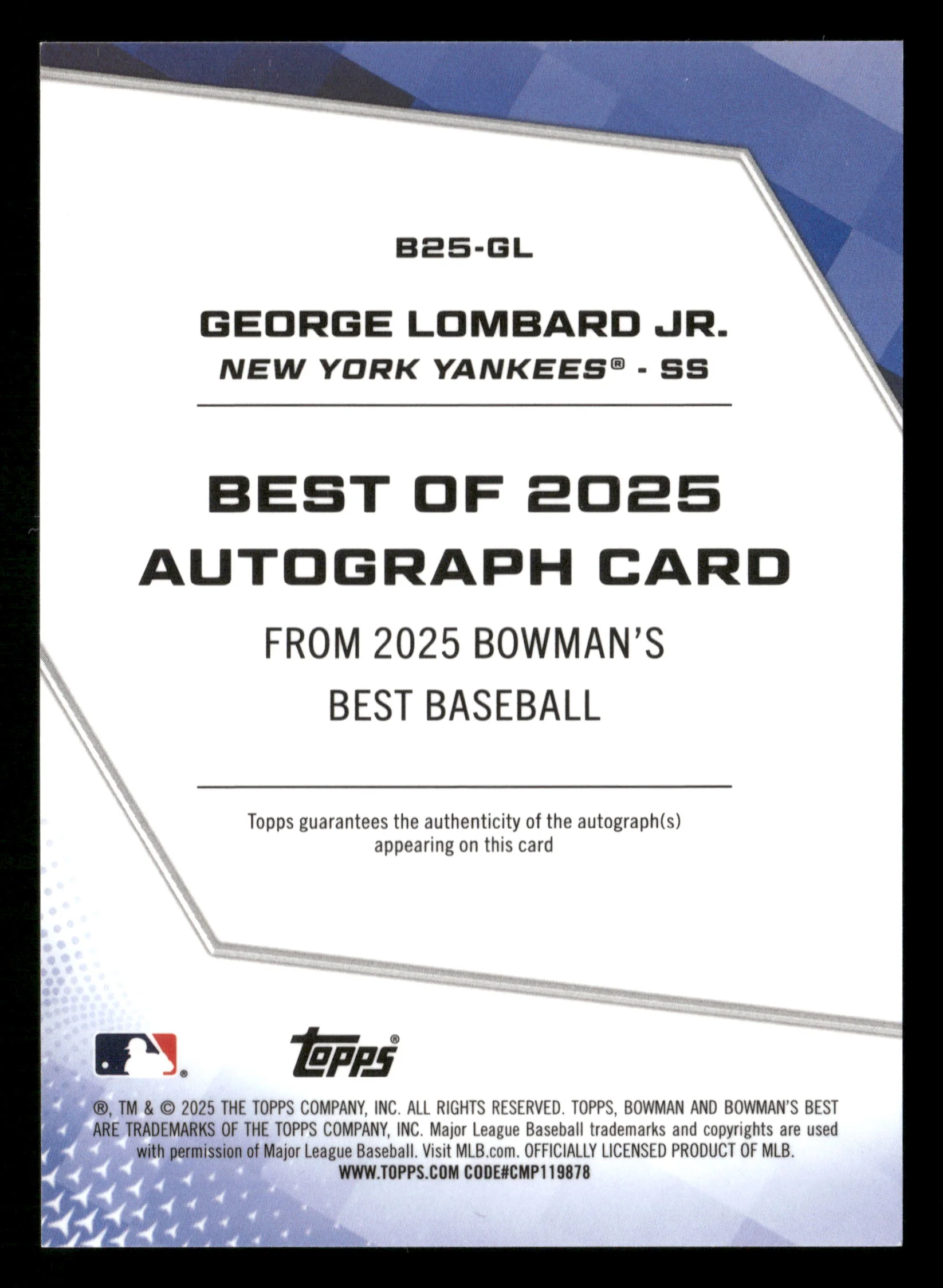 2025 Topps Bowman's Best #B25-GL George Lombard Jr. Auto Yankees - Image 2